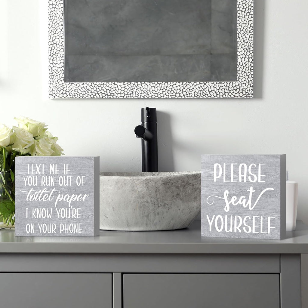 Jetec 2 Pieces Farmhouse Bathroom Signs Decor Wooden Box Sign Funny Bathroom Wall Art Rustic Wood Plaque Please Seat Yourself Decor for Home Restroom(Black)