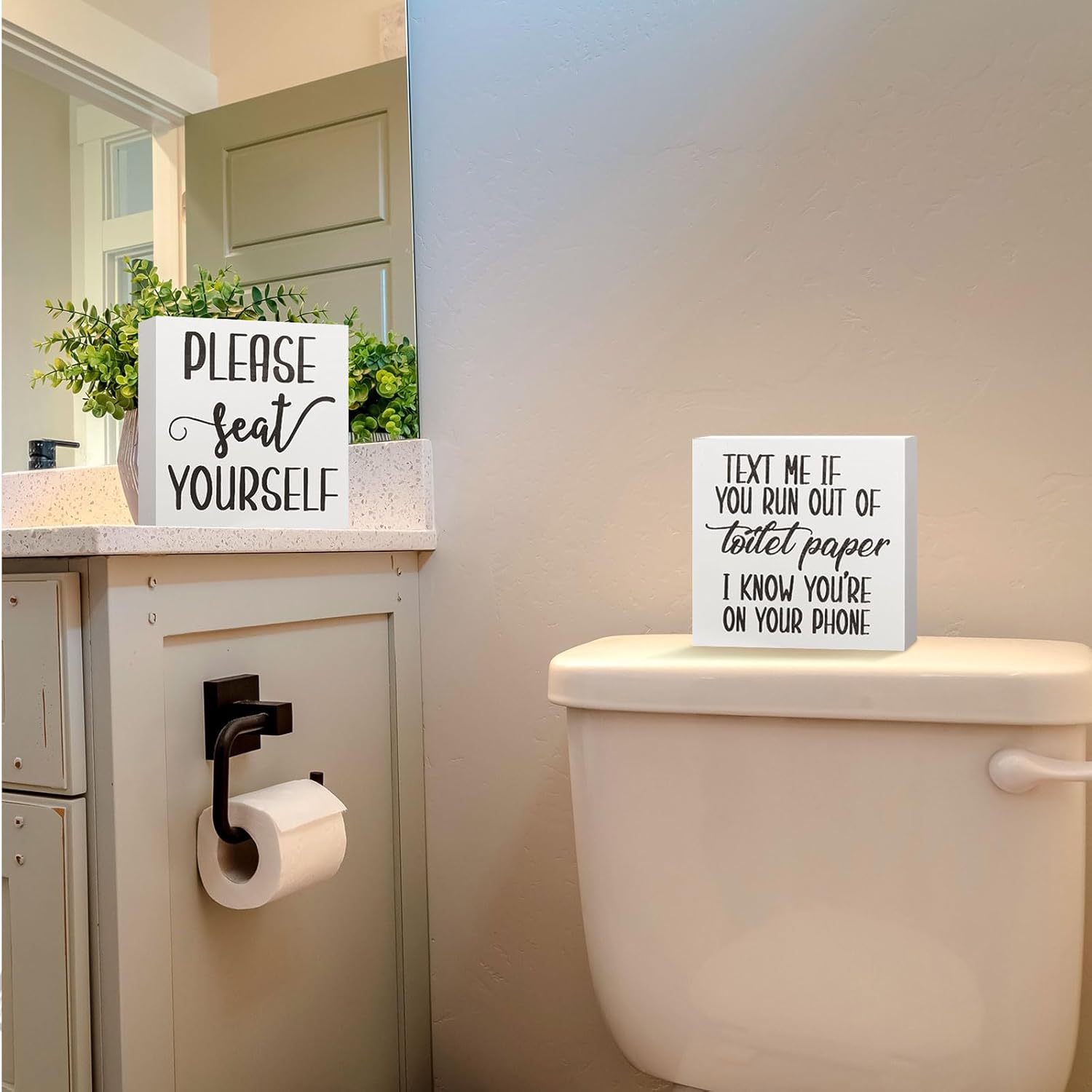 Jetec 2 Pieces Farmhouse Bathroom Signs Decor Wooden Box Sign Funny Bathroom Wall Art Rustic Wood Plaque Please Seat Yourself Decor for Home Restroom(Black)