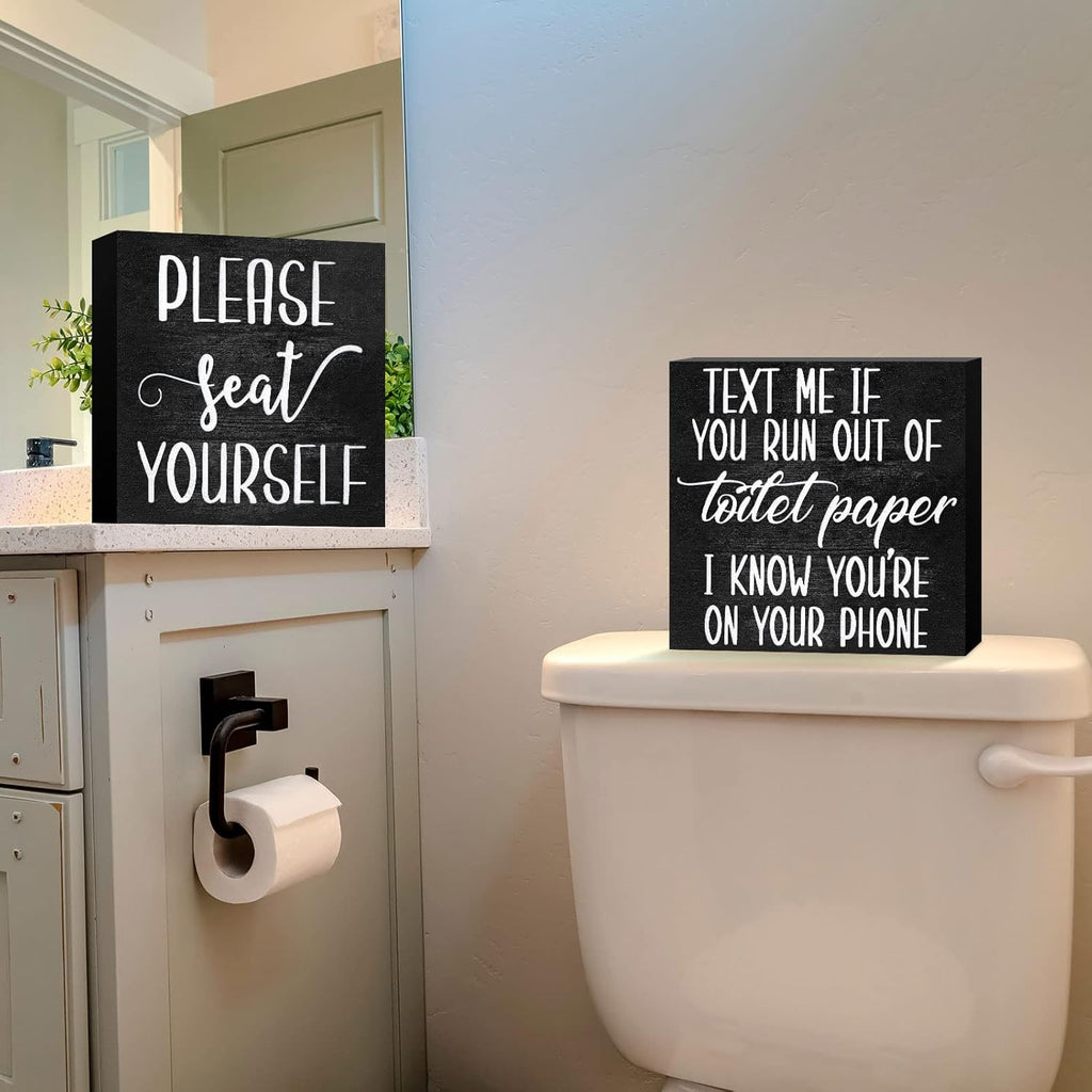 Jetec 2 Pieces Farmhouse Bathroom Signs Decor Wooden Box Sign Funny Bathroom Wall Art Rustic Wood Plaque Please Seat Yourself Decor for Home Restroom(Black)