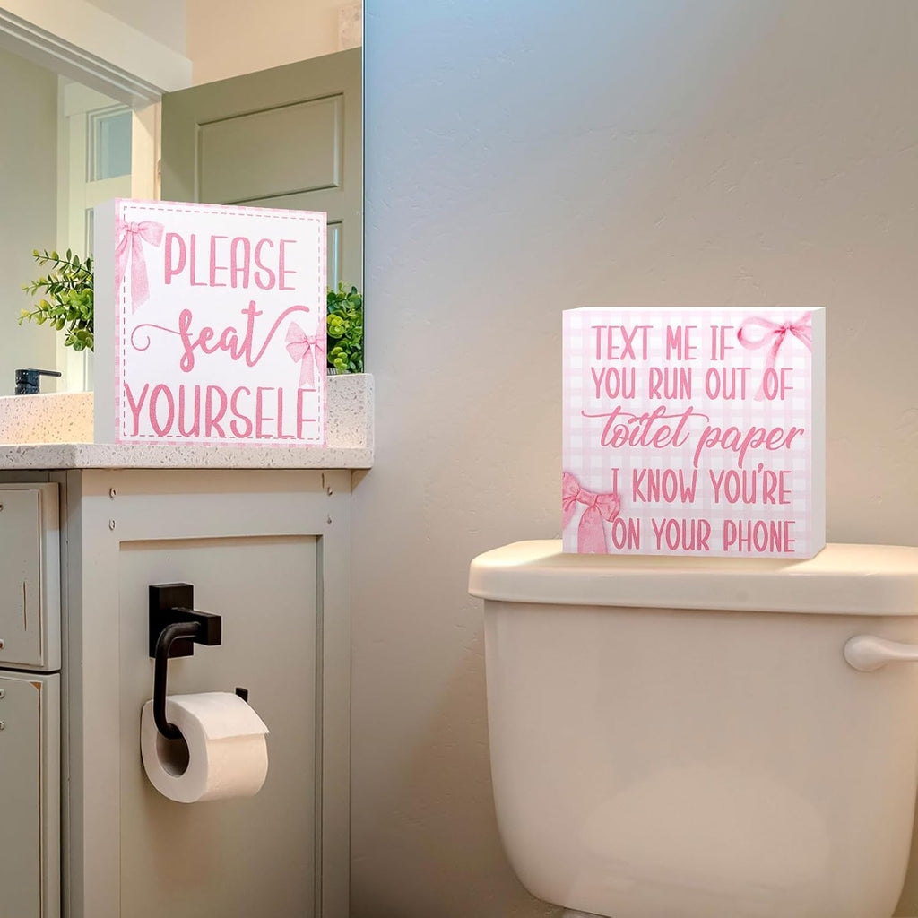 Jetec 2 Pieces Farmhouse Bathroom Signs Decor Wooden Box Sign Funny Bathroom Wall Art Rustic Wood Plaque Please Seat Yourself Decor for Home Restroom(Black)