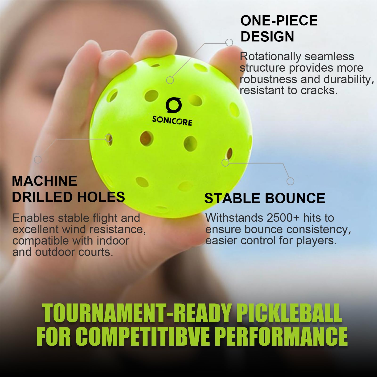 SONICORE Premium Outdoor Pickleball Balls, 4Count/12 Count Pack, Extreme Durability, Tournament-Ready Level, 40-Hole Precision Drilled, Crack-Resistant
