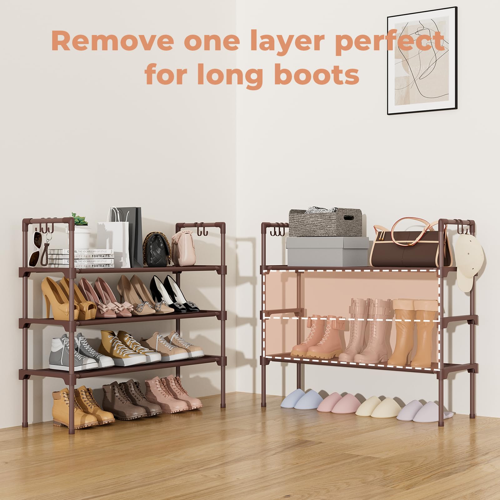 LANTEFUL 3 Tier Shoe Rack for Closet, Shoe Organizer with 5 Hooks, Long Shoe Shelf Storage for Sneaker and Boot Stackable Free Standing Shoe Rack for Entryway, Garage, Small Spaces, Dorm