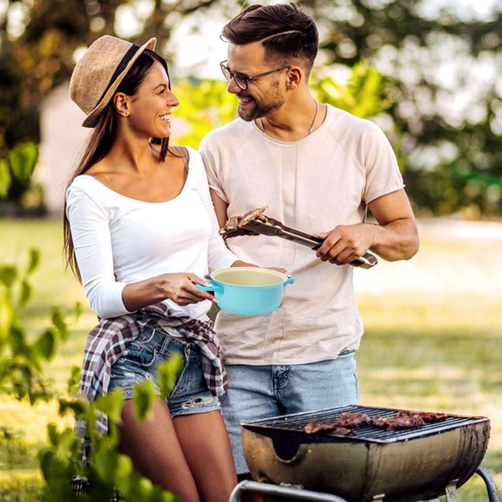 Non-Stick Cookware Set, Portable Lightweight Cast Iron Pots and Pans with Glass Lids and Nylon Utensils - 13 Piece Set Blue for Outdoor Camping Picnic Travel