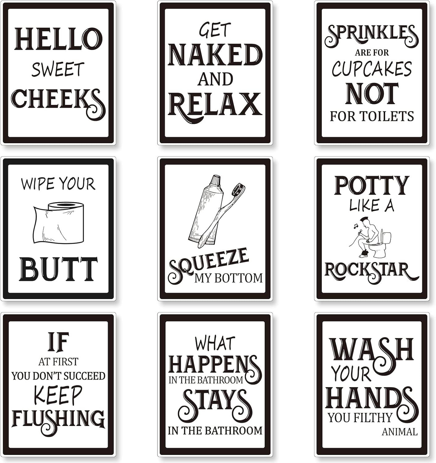 Zonon 9 Pieces Bathroom Wall Decor, Funny Vintage Bathroom Signs Washroom Quotes Sayings Art Prints Washroom Posters for Wall Restroom Toilet Decoration Pictures, Unframed(Black Font)