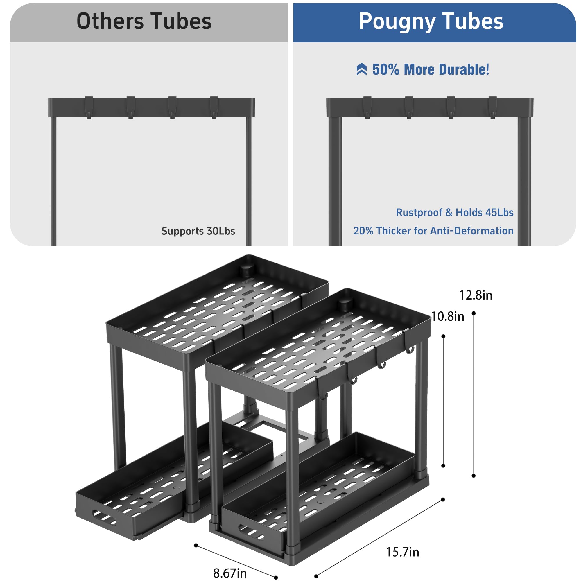 POUGNY 2 Pack Pull-Out Storage Organizers, Under Sink Organizer and Storage for Bathroom & Kitchen,Multi-Purpose Under Cabinet Organizers and storage Black
