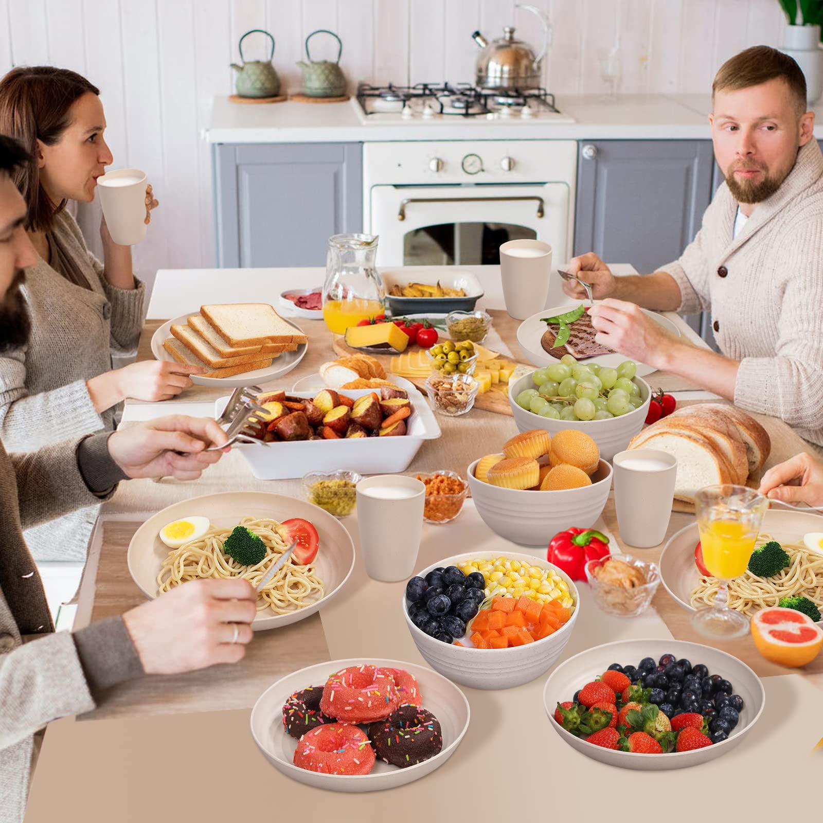 Wheat Straw Dinnerware Sets for 4, Wheat Straw Plates and Bowls Sets Kitchen Dishes 28pcs College Dorm Room Essentials Cutlery Set Microwave Safe (Beige)