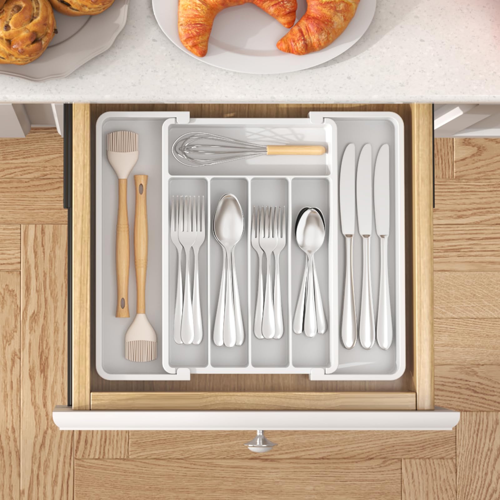 Lifewit Silverware Drawer Organizer, Expandable Utensil Tray for Kitchen, BPA Free Flatware and Cutlery Holder, Adjustable Plastic Storage for Spoons Forks Knives, 8.5"-14.1" x 12.1", Black