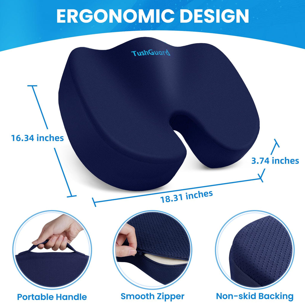 TushGuard Seat Cushion for Office Chair Memory Foam Non-Slip Cushion Back, Relief Chair Pad, Butt Pillow for Office Chair, Car, Computer Desk, Black