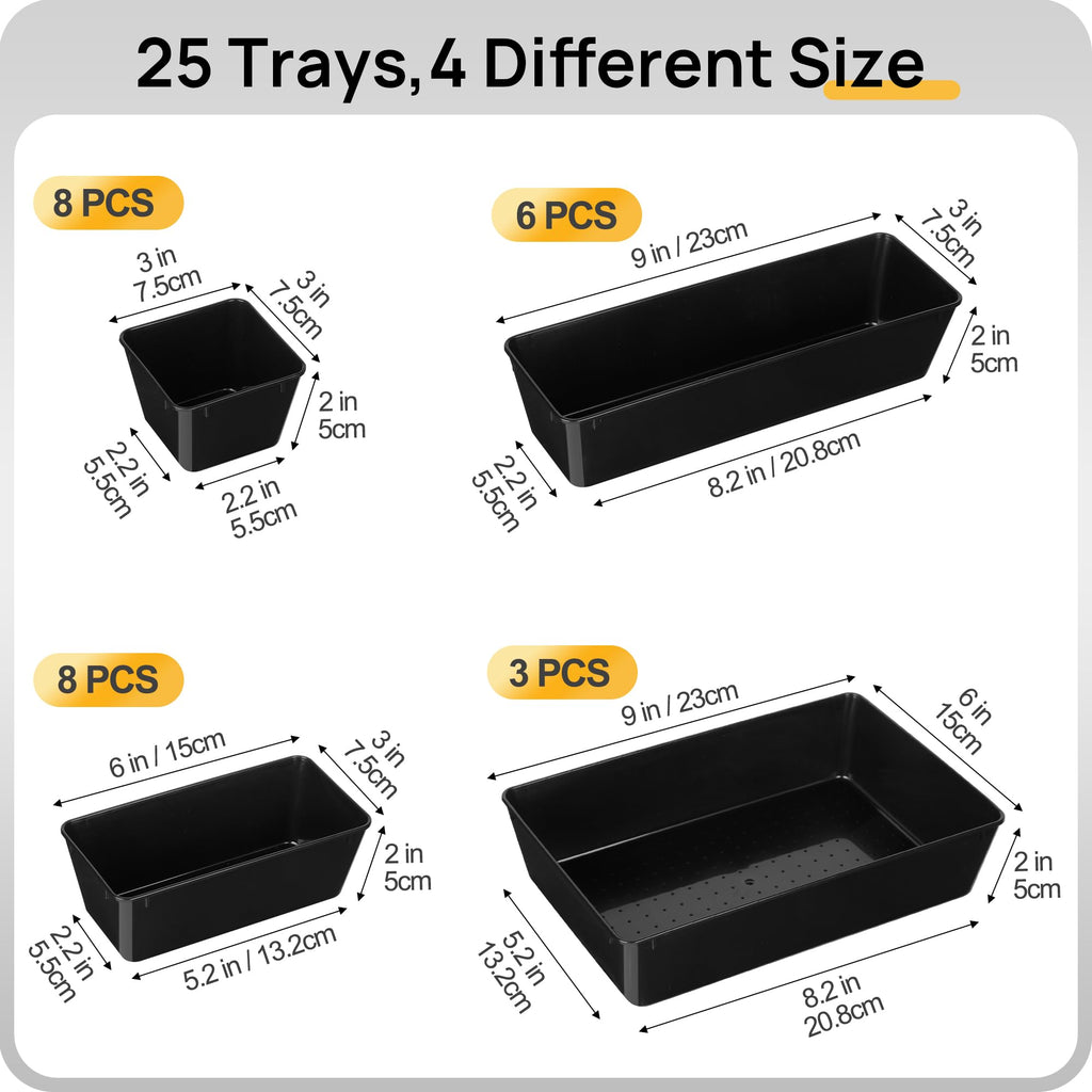 Vtopmart 25 PCS Clear Plastic Drawer Organizers Set, 4-Size Versatile Bathroom and Vanity Drawer Organizer Trays, Storage Bins for Makeup, Bedroom, Kitchen Gadgets Utensils and Office