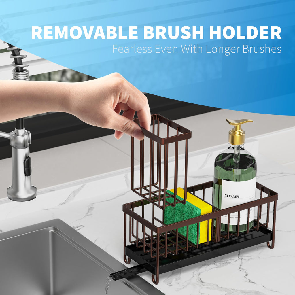 Cisily Black Sponge Holder for Kitchen Sink, Sink Caddy Organizer with High Brush Holder, Kitchen Countertop Organizers and Storage Essentials, Rustproof 304 Stainless Steel, Soap Dispenser Organize