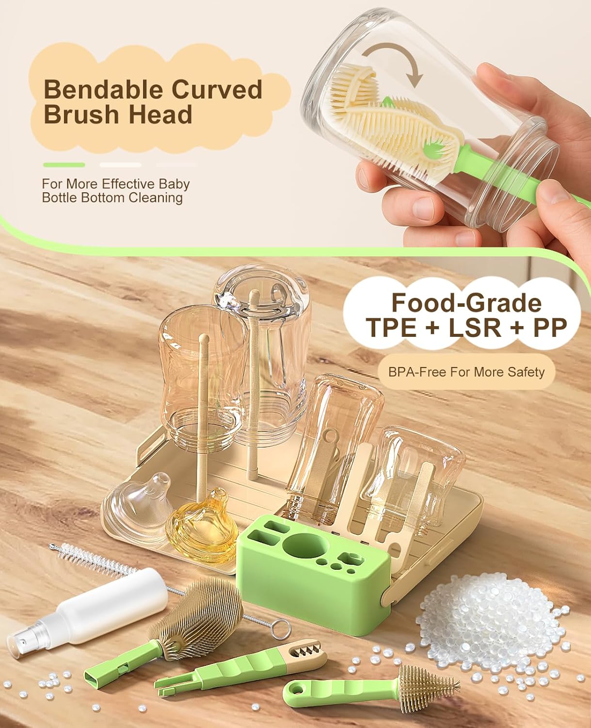 7 in 1 Baby Bottle Brush Set, BPA-Free Travel Bottle Cleaner Kit with U-Shaped Silicone/Nipple/Straw Brush, Portable Drying Rack, Soap Dispenser & Storage Box - Baby Travel & Home Essential