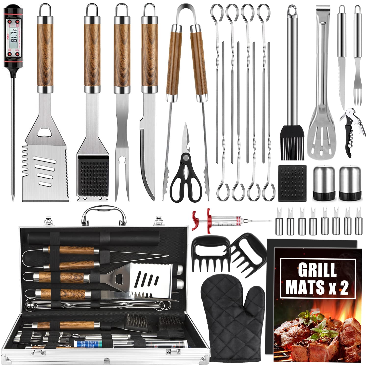 Cifaisi BBQ Grill Accessories Set, 38Pcs Stainless Steel Grill Tools Grilling Accessories with Aluminum Case, Thermometer, Grill Mats for Camping/Backyard Barbecue, Grill Utensils Set for Men Women