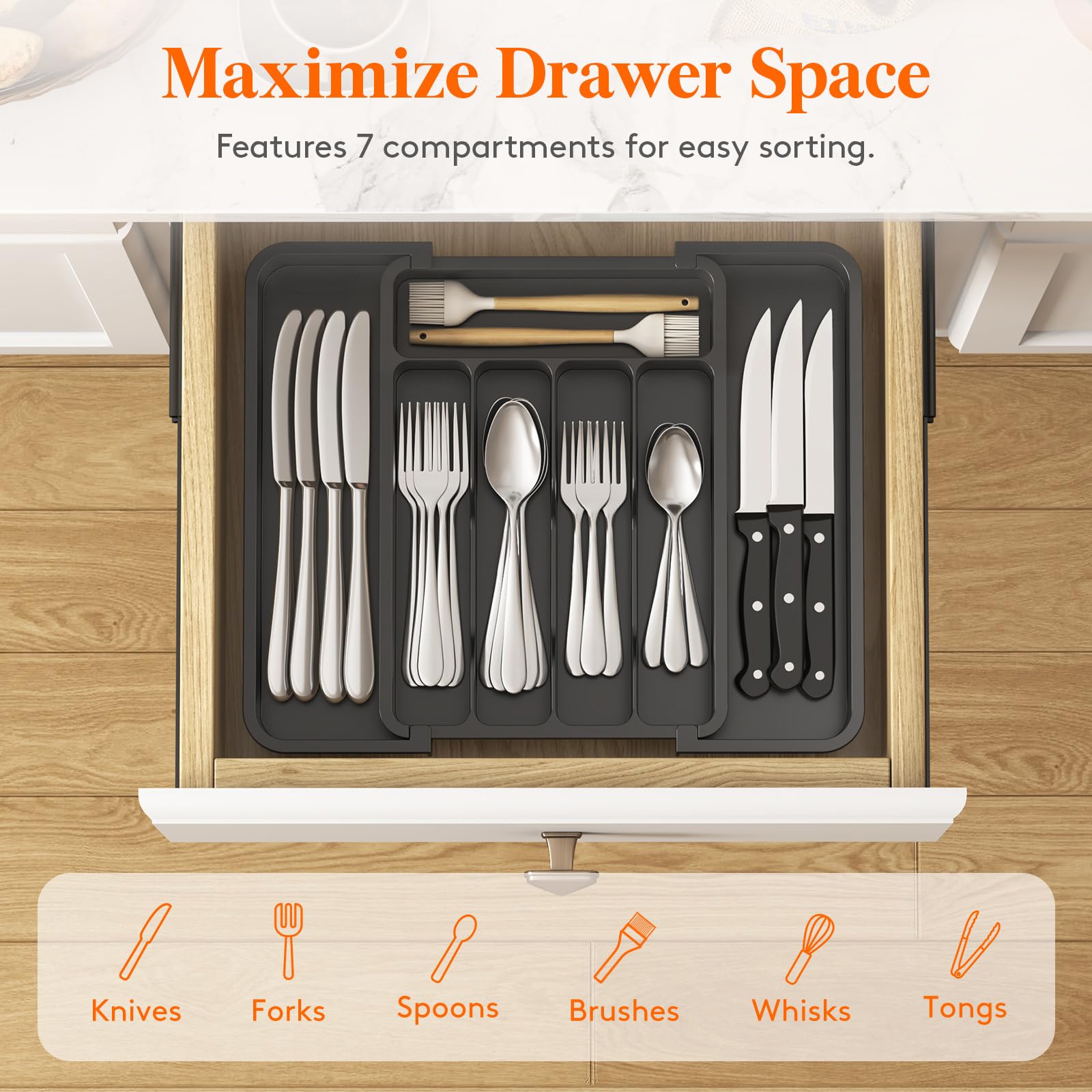Lifewit Silverware Drawer Organizer, Expandable Utensil Tray for Kitchen, BPA Free Flatware and Cutlery Holder, Adjustable Plastic Storage for Spoons Forks Knives, 8.5"-14.1" x 12.1", Black