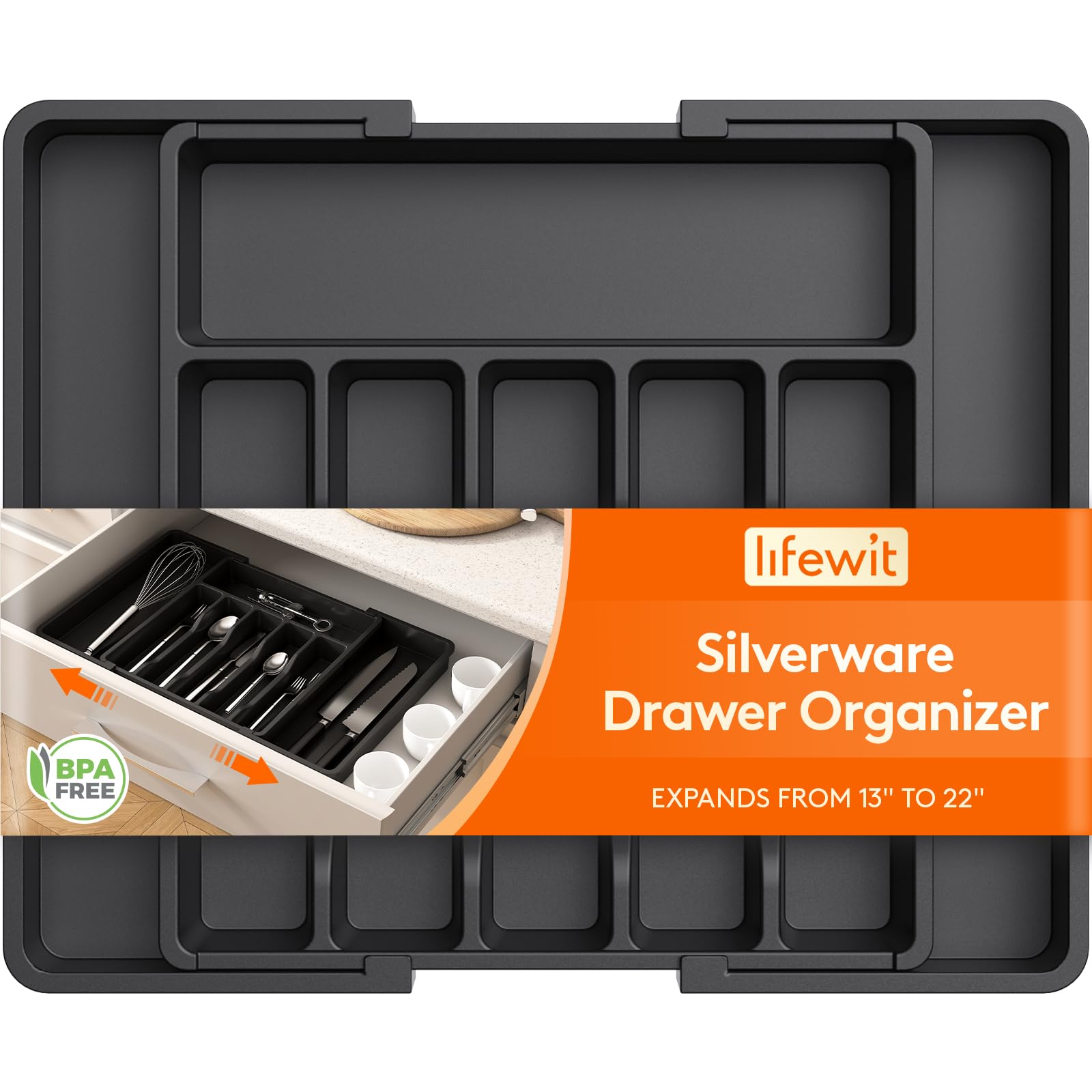 Lifewit Silverware Drawer Organizer, Expandable Utensil Tray for Kitchen, BPA Free Flatware and Cutlery Holder, Adjustable Plastic Storage for Spoons Forks Knives, 8.5"-14.1" x 12.1", Black
