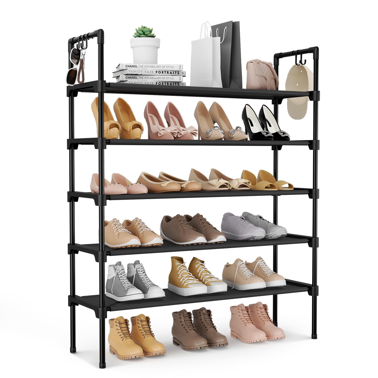LANTEFUL 3 Tier Shoe Rack for Closet, Shoe Organizer with 5 Hooks, Long Shoe Shelf Storage for Sneaker and Boot Stackable Free Standing Shoe Rack for Entryway, Garage, Small Spaces, Dorm