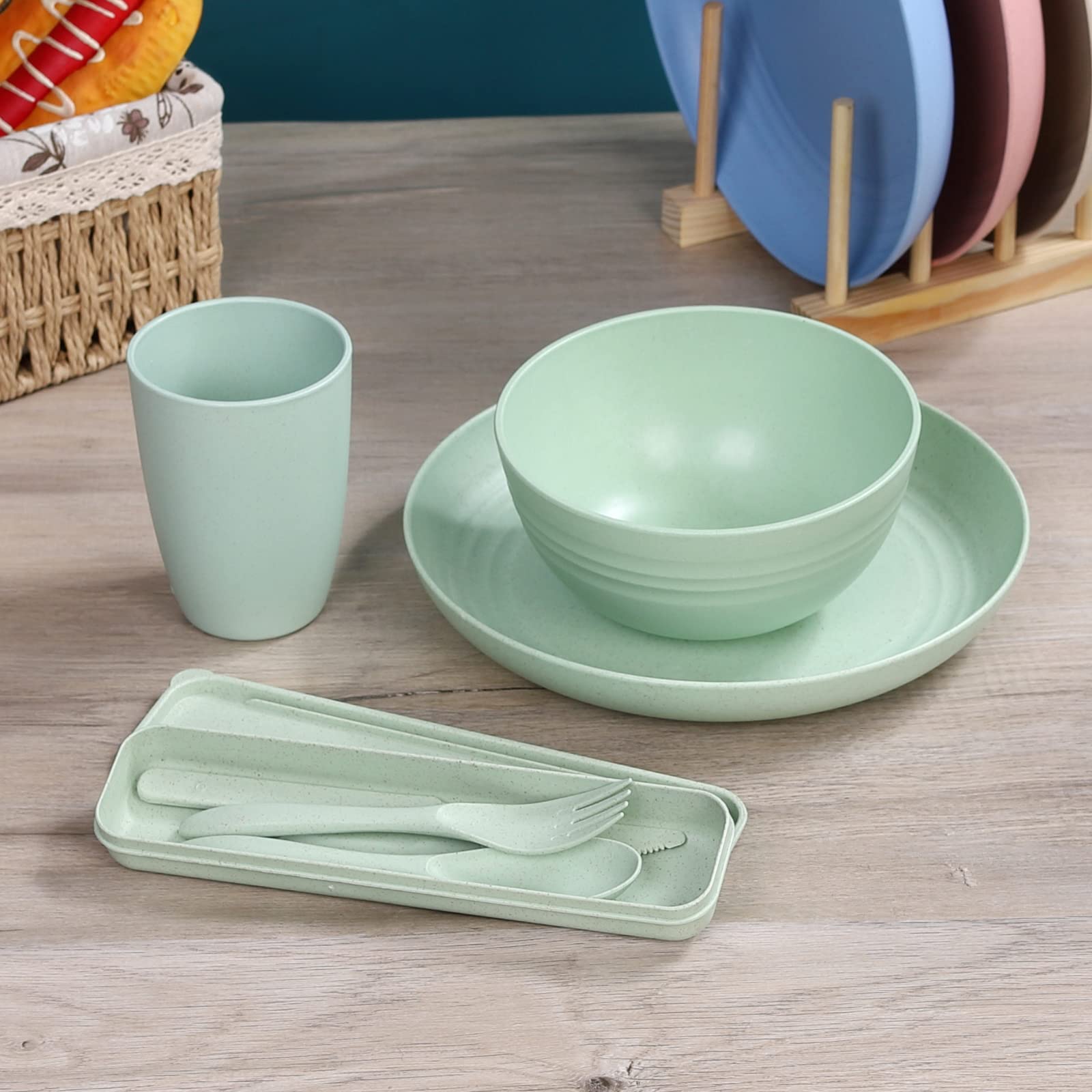 Wheat Straw Dinnerware Sets for 4, Wheat Straw Plates and Bowls Sets Kitchen Dishes 28pcs College Dorm Room Essentials Cutlery Set Microwave Safe (Beige)