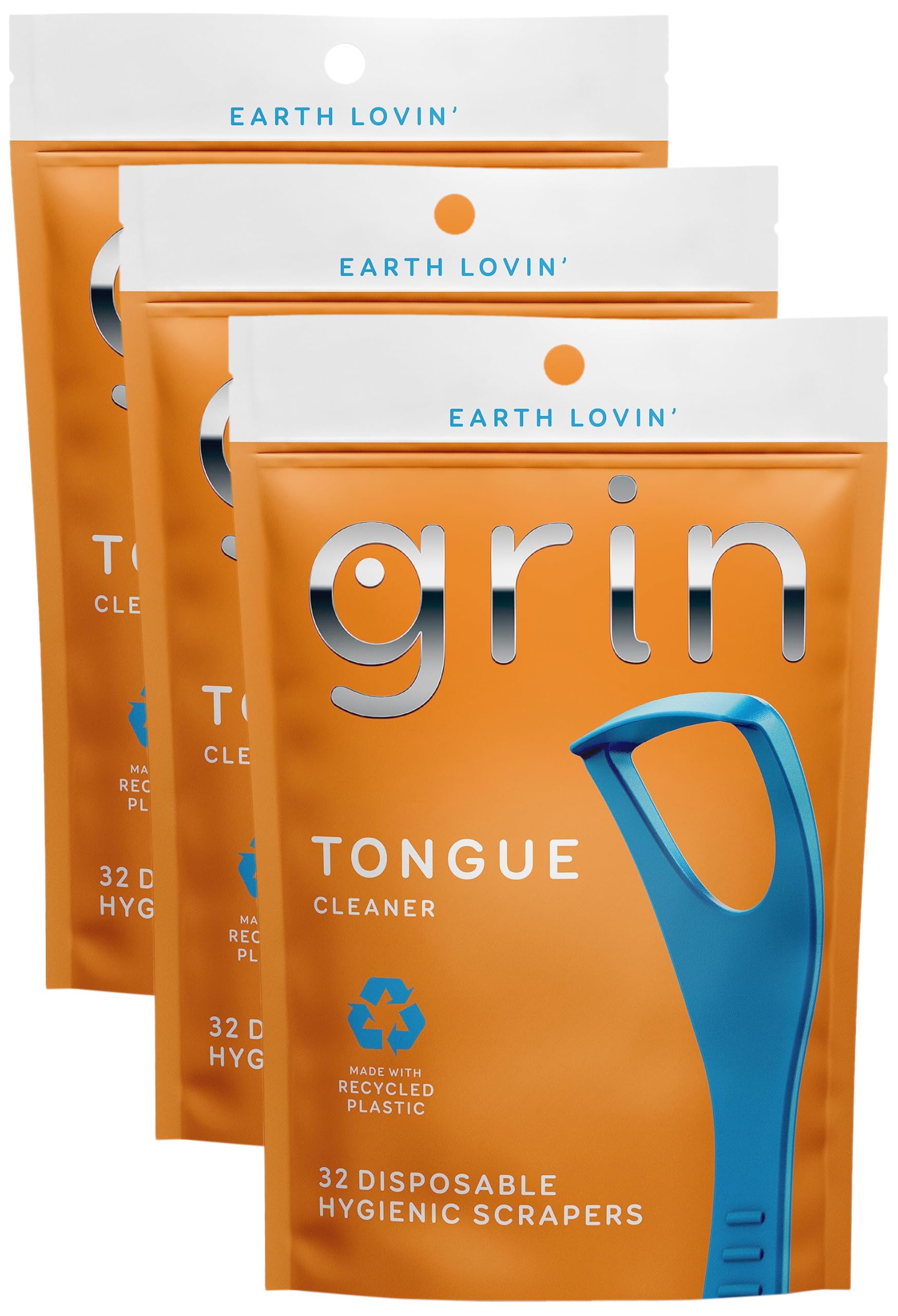GRIN Tongue Cleaner, 32 Count, Disposable Tongue Cleaner, Hygienic Scraper, Recycled Plastic, Clean Tongue, Promote Fresh Breath, Includes Safe Fold- Back Tooth Pick