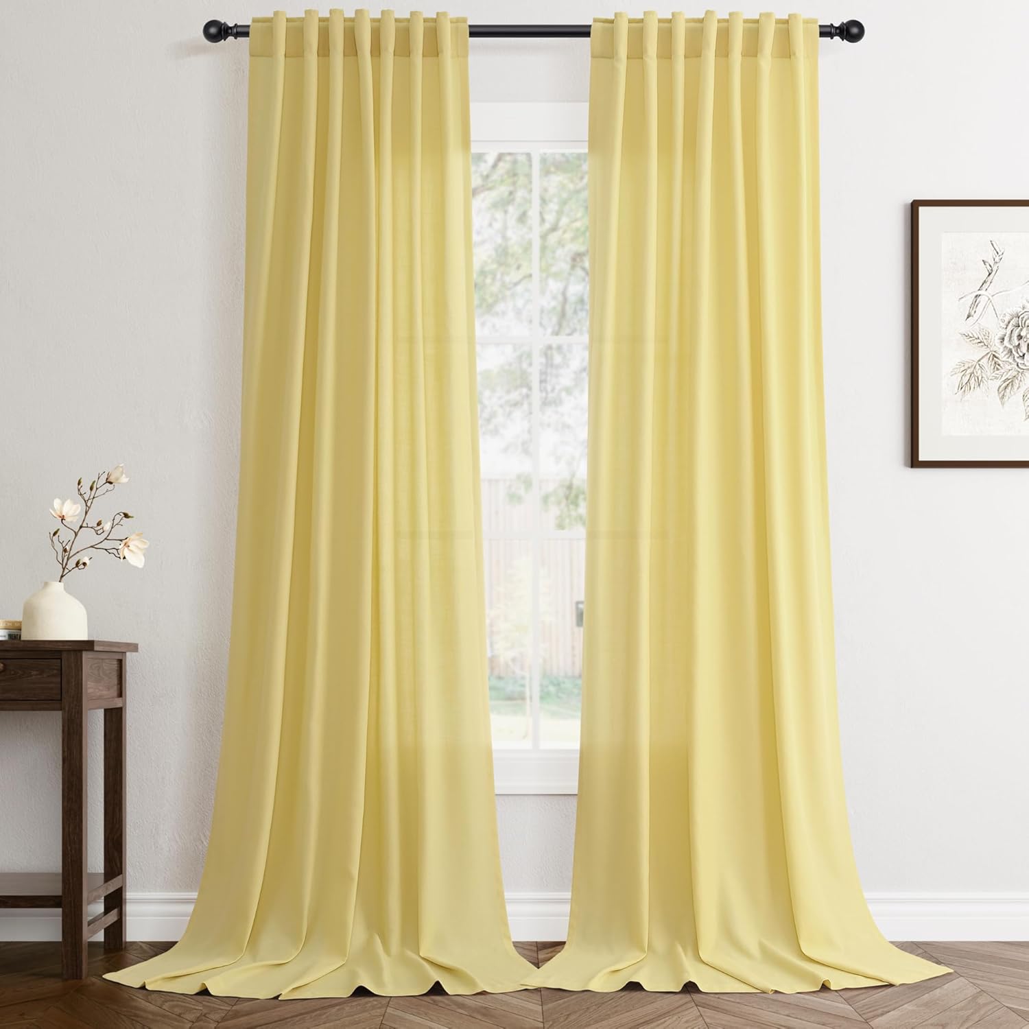 Rustic Brown Linen Back Tab Curtains 84 Inch Length for Living Room 2 Panel Pocket Drape Light Filtering Semi Sheer Cream Country Rustic Farmhouse Boho Curtain Bedroom Pinch Pleated Look