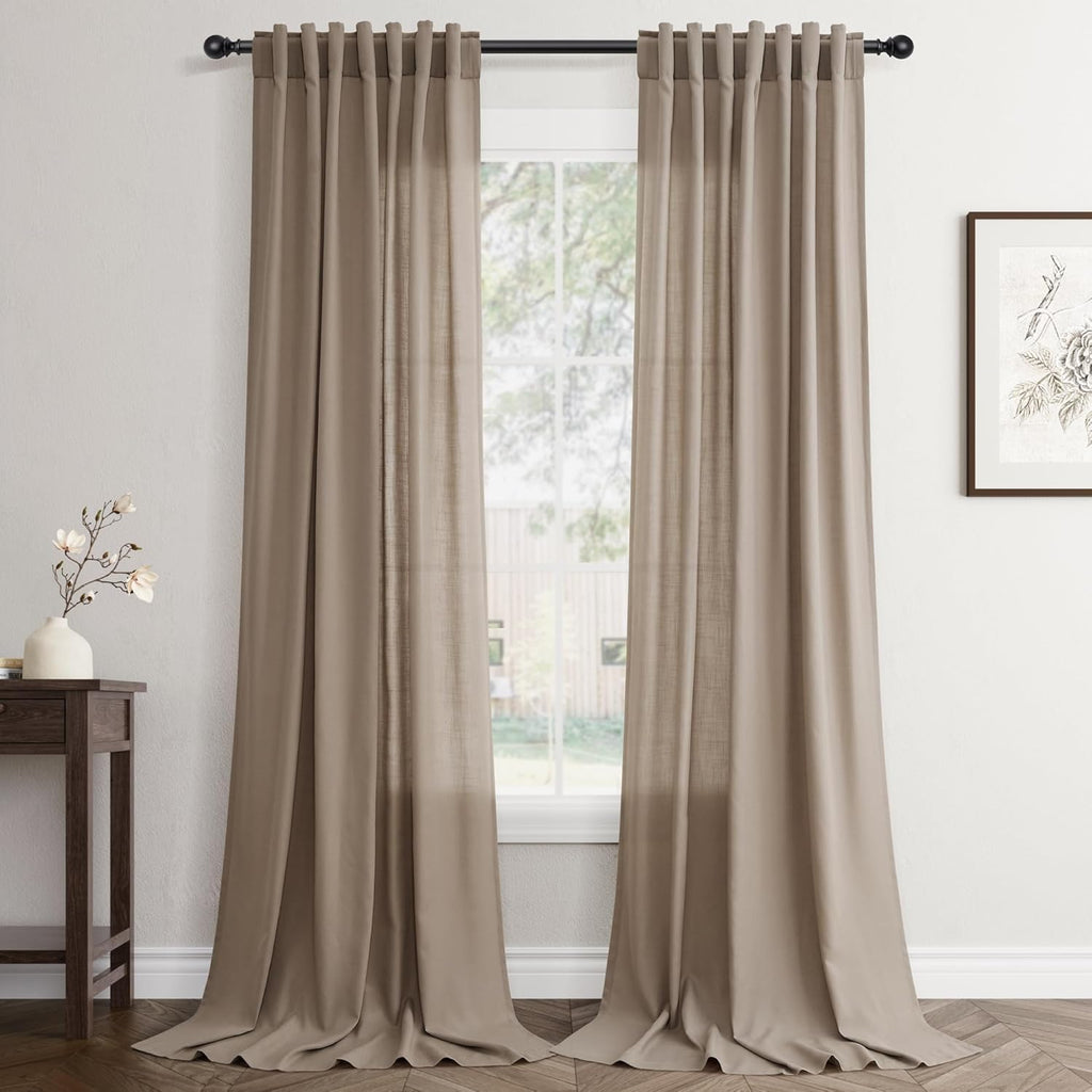 Rustic Brown Linen Back Tab Curtains 84 Inch Length for Living Room 2 Panel Pocket Drape Light Filtering Semi Sheer Cream Country Rustic Farmhouse Boho Curtain Bedroom Pinch Pleated Look