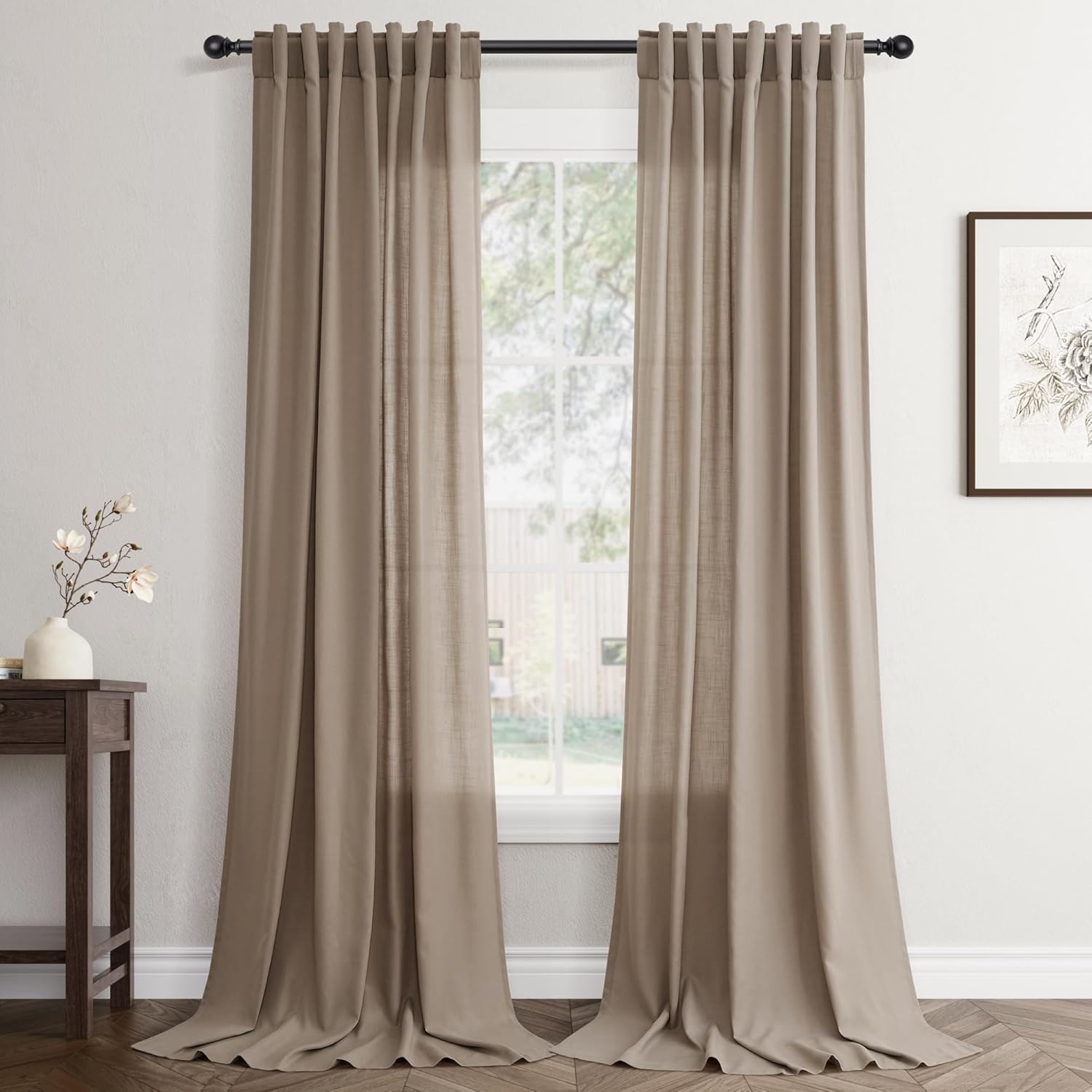 Rustic Brown Linen Back Tab Curtains 84 Inch Length for Living Room 2 Panel Pocket Drape Light Filtering Semi Sheer Cream Country Rustic Farmhouse Boho Curtain Bedroom Pinch Pleated Look
