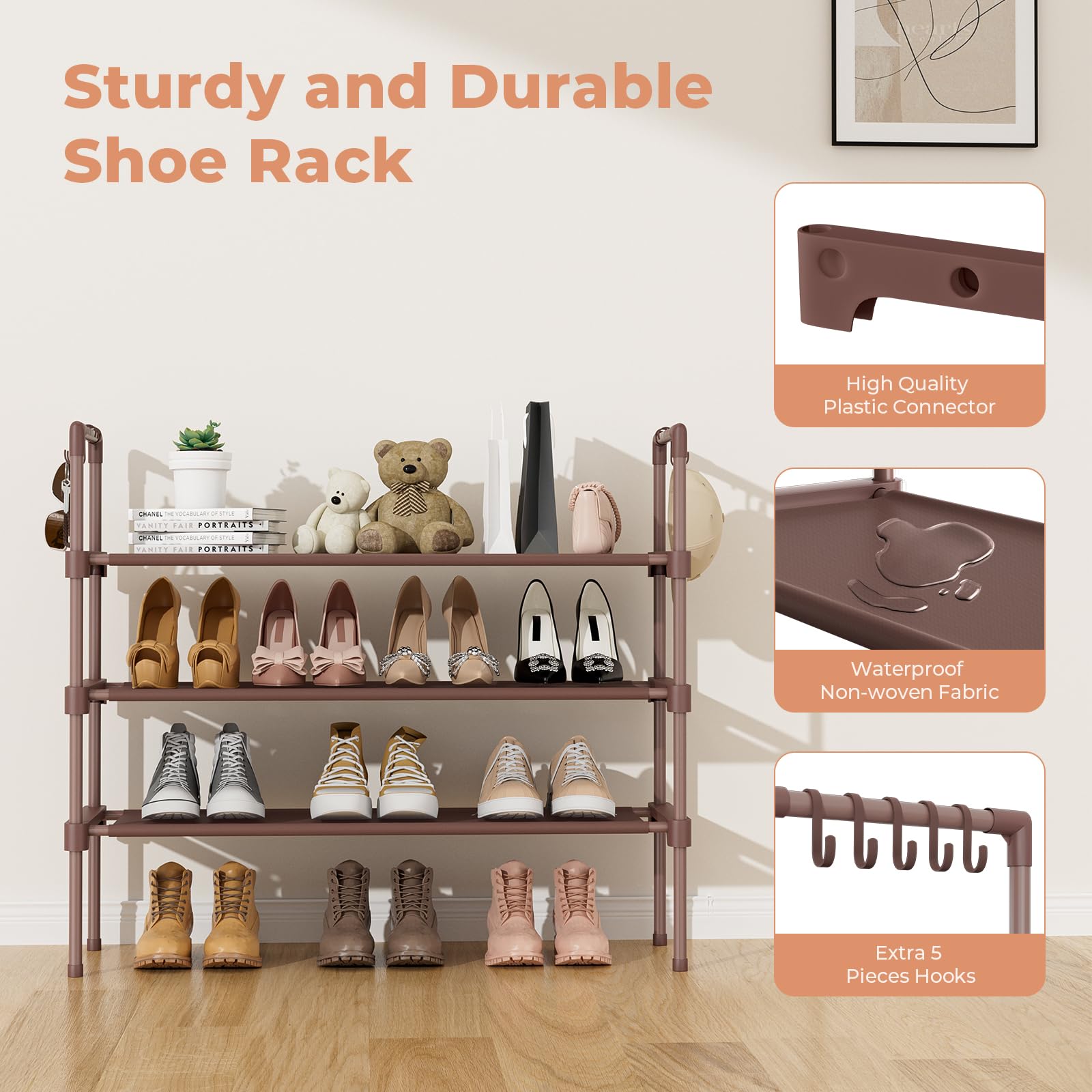 LANTEFUL 3 Tier Shoe Rack for Closet, Shoe Organizer with 5 Hooks, Long Shoe Shelf Storage for Sneaker and Boot Stackable Free Standing Shoe Rack for Entryway, Garage, Small Spaces, Dorm