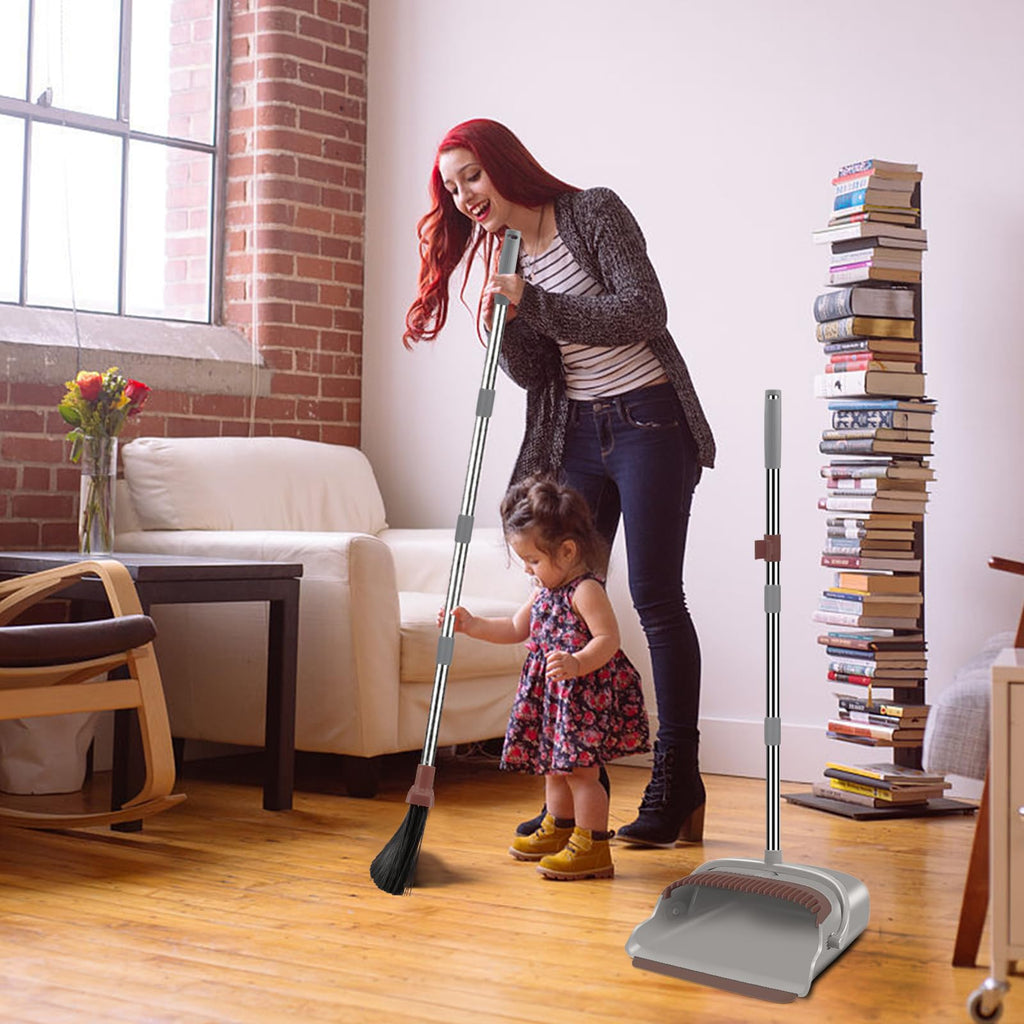 kelamayi Upgrade Broom and Dustpan Set, Large Size and with Long Handle, Upright,Ideal for Indoor Outdoor Garage Kitchen Room Office Lobby Use (Green)