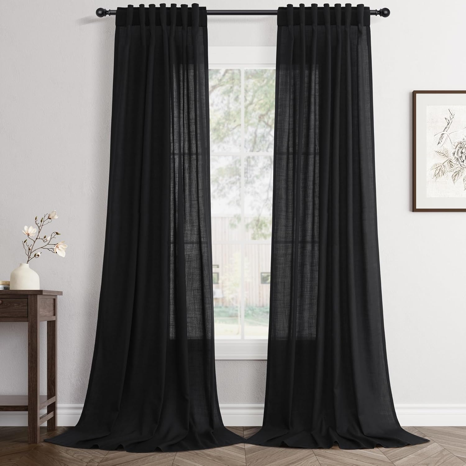 Rustic Brown Linen Back Tab Curtains 84 Inch Length for Living Room 2 Panel Pocket Drape Light Filtering Semi Sheer Cream Country Rustic Farmhouse Boho Curtain Bedroom Pinch Pleated Look