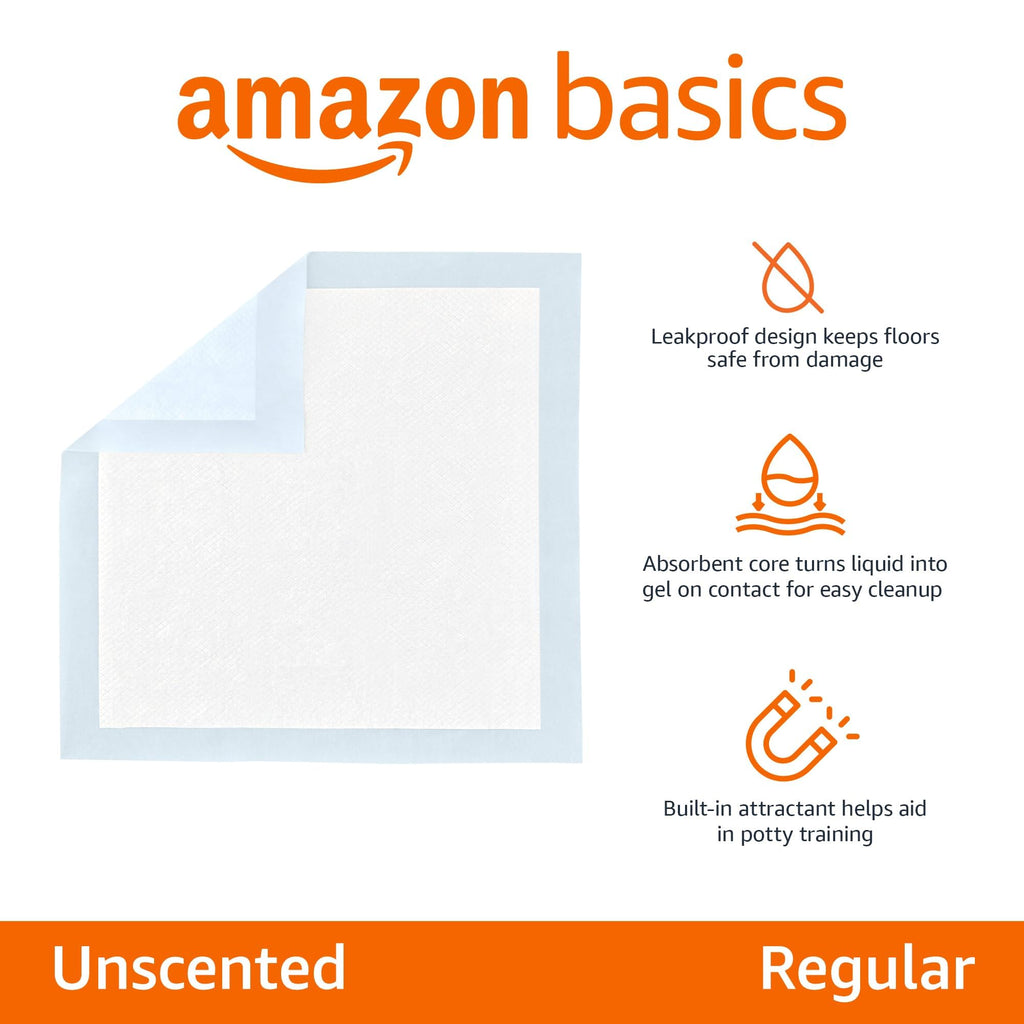 Amazon Basics Dog and Puppy Pee Pads, 5-Layer Leak-Proof Super Absorbent, Quick-Dry Surface, Potty Training, Regular (22x22"), 50 Count, Blue & White