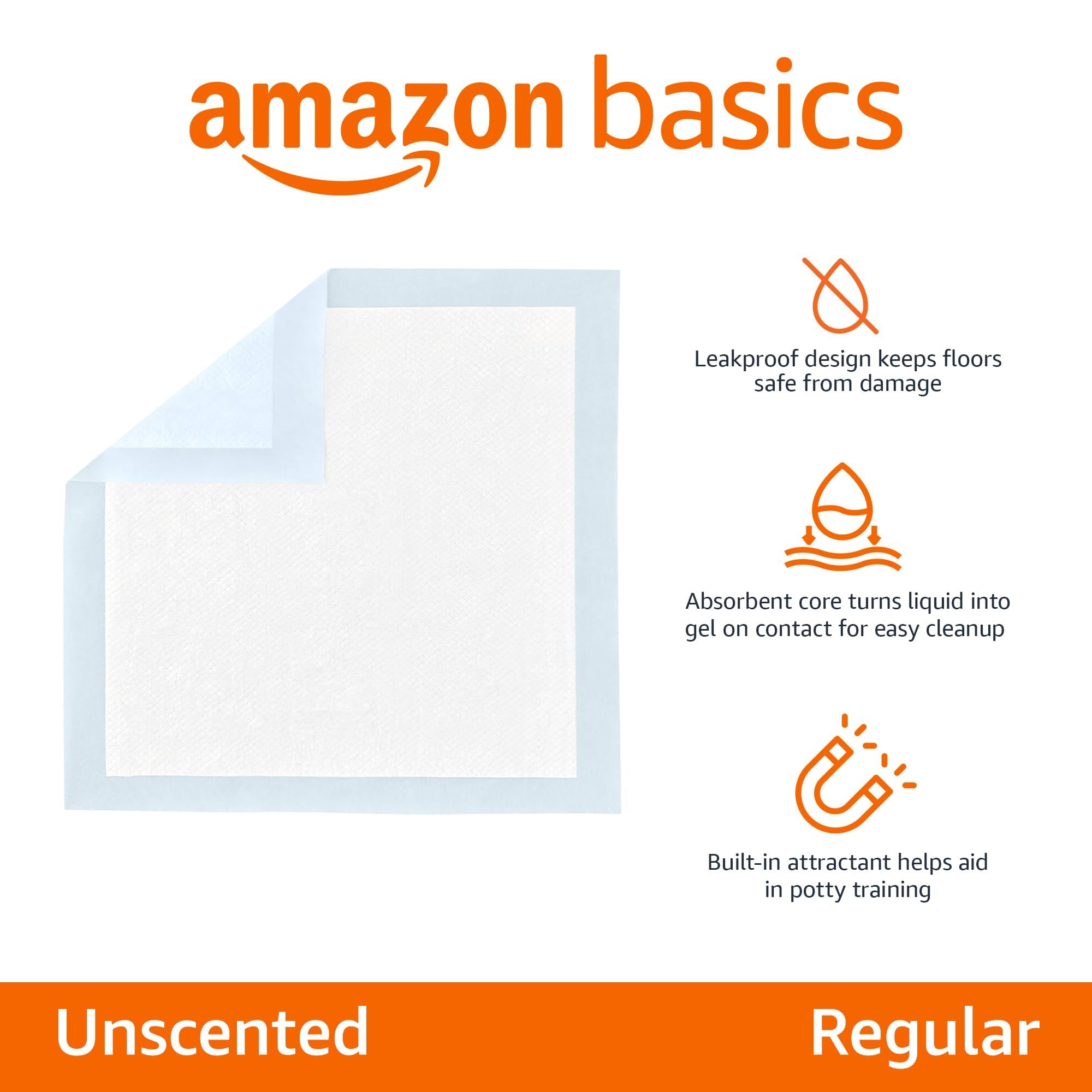 Amazon Basics Dog and Puppy Pee Pads, 5-Layer Leak-Proof Super Absorbent, Quick-Dry Surface, Potty Training, Regular (22x22"), 50 Count, Blue & White