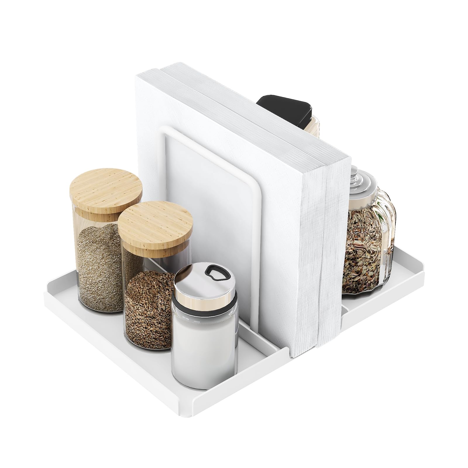 Napkin Holder for Table, Metal Napkin Holder with Salt and Pepper Shakers Caddy, Standing Paper Napkin Storage for Kitchen Dining Table Decor, Black