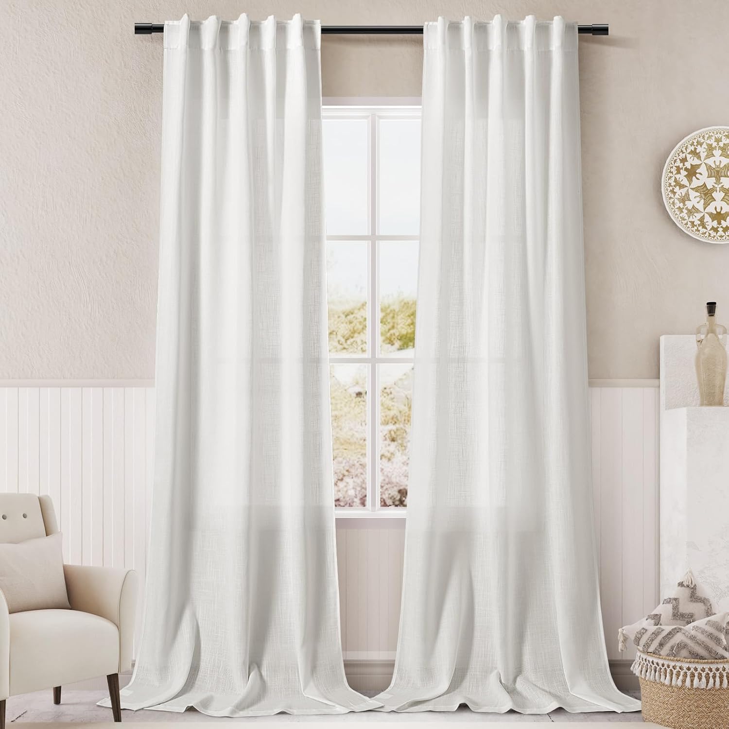 Nanspring Burgundy Linen Curtains 84 Inch Length 2 Panels Set for Living Room Rod Pocket Back Tab Light Filtering Window Drapes for Bedroom Dining Room Protect Privacy Modern Farmhouse Decor 52x84