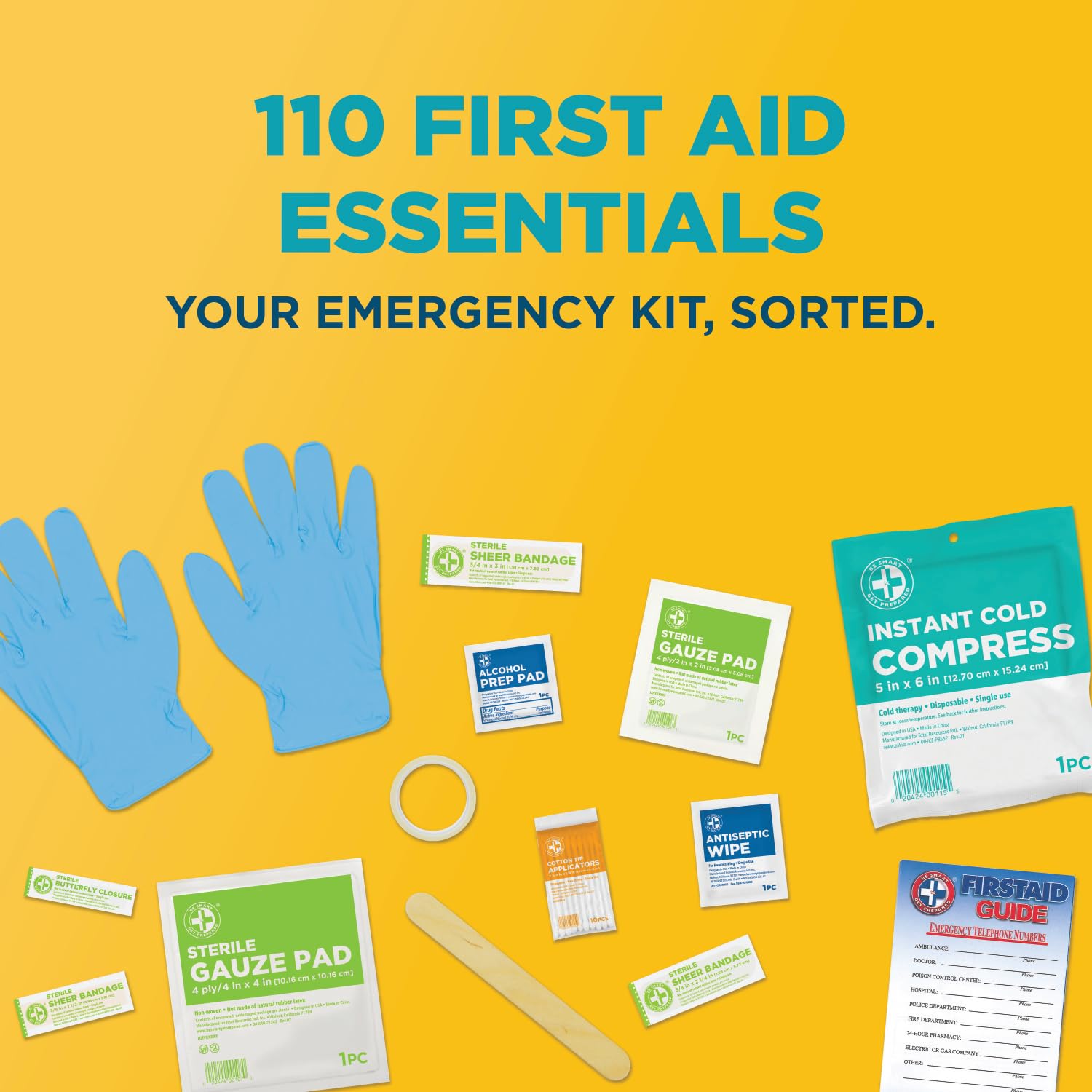 Be Smart Get Prepared 180 Piece First Aid Kit: Clean, Treat, Protect Minor Cuts, Scrapes. Home, Office, Car, School, Business, Travel, Emergency, Survival, Hunting, Outdoor, Camping & Sports, FSA HSA