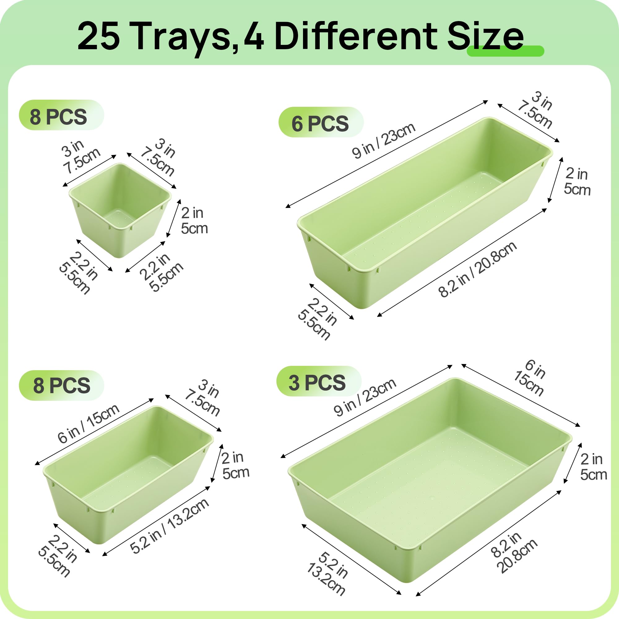Vtopmart 25 PCS Clear Plastic Drawer Organizers Set, 4-Size Versatile Bathroom and Vanity Drawer Organizer Trays, Storage Bins for Makeup, Bedroom, Kitchen Gadgets Utensils and Office