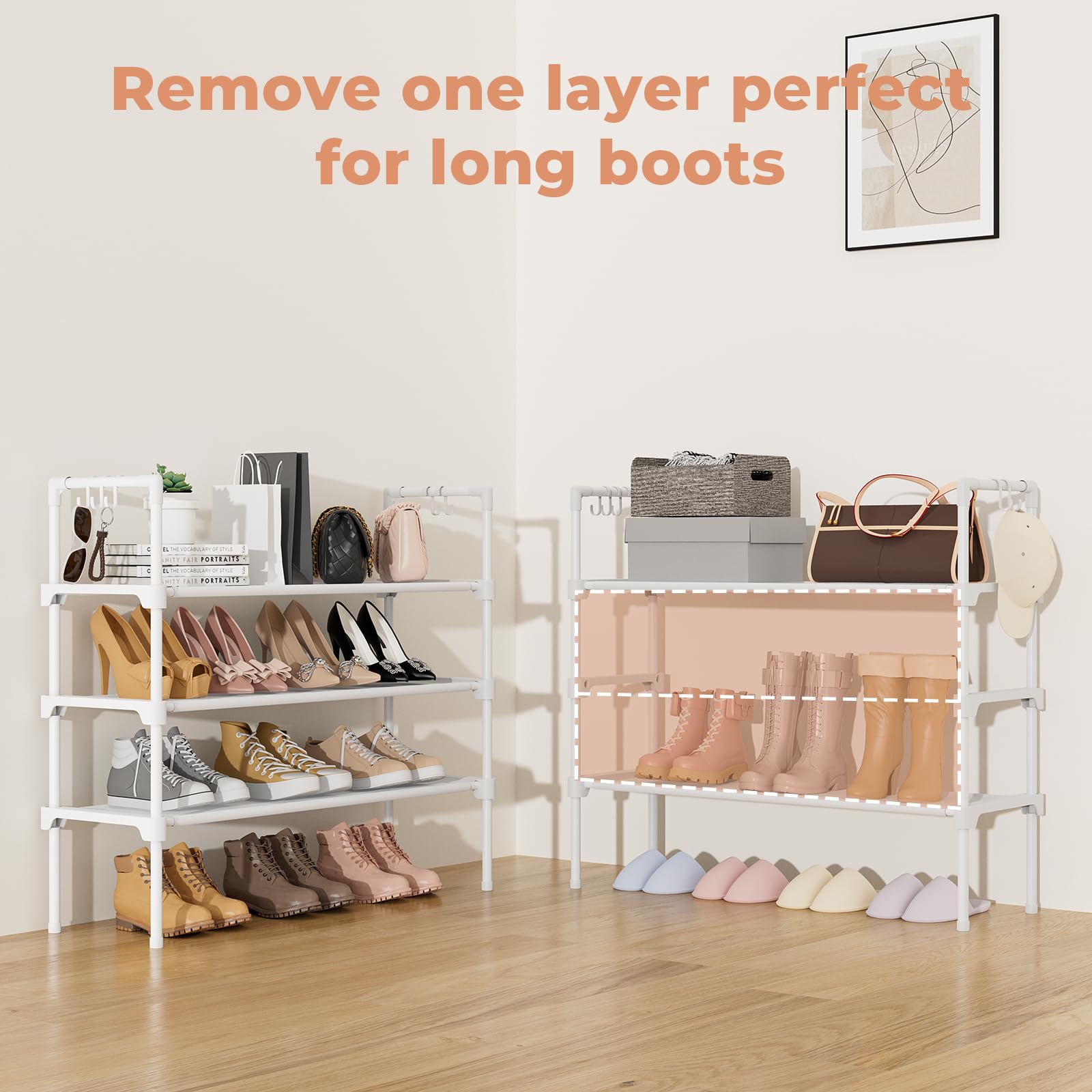 LANTEFUL 3 Tier Shoe Rack for Closet, Shoe Organizer with 5 Hooks, Long Shoe Shelf Storage for Sneaker and Boot Stackable Free Standing Shoe Rack for Entryway, Garage, Small Spaces, Dorm