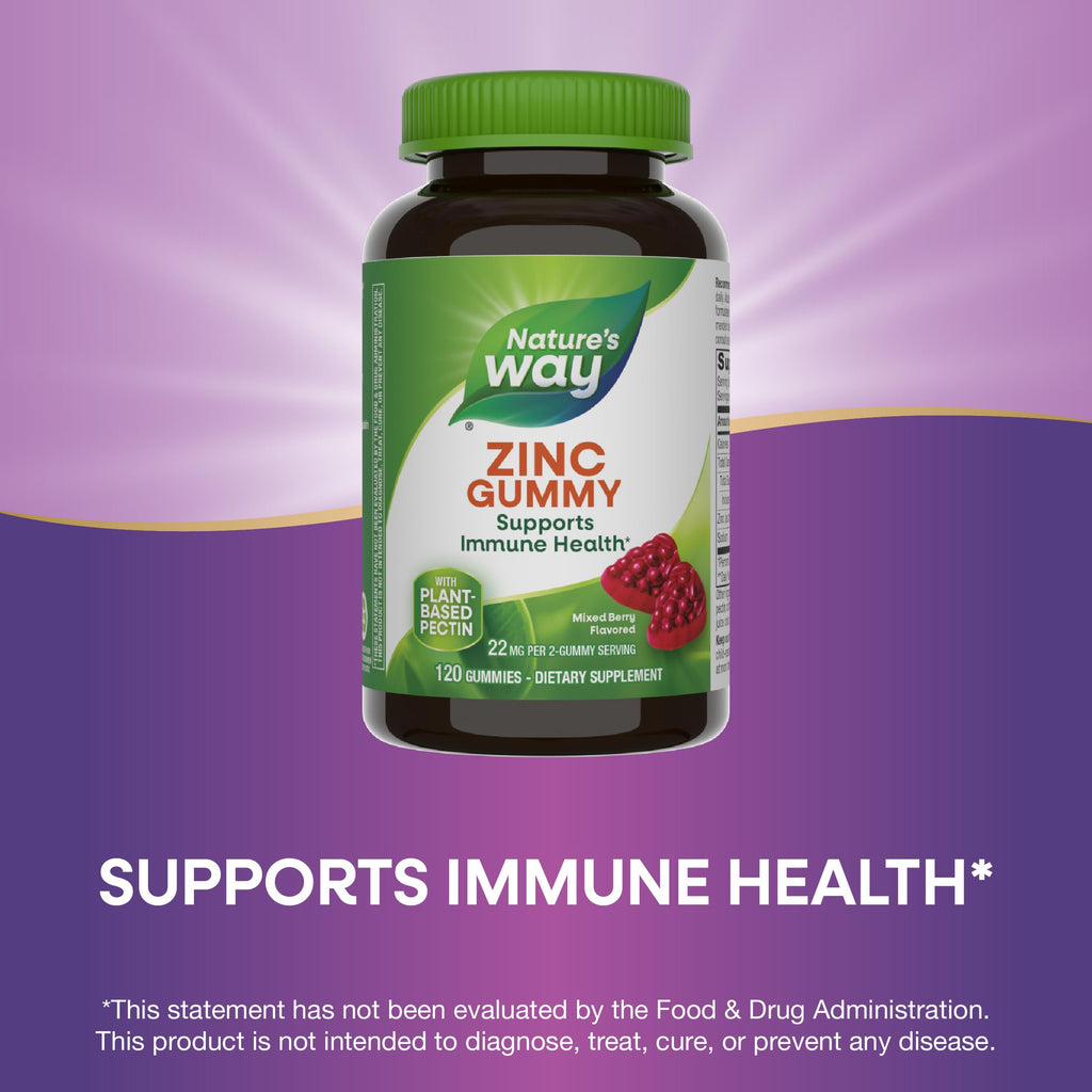 Nature's Way Zinc Gummies, Immune Support Gummy with 100% Daily Value of Zinc per 1-Gummy Serving*, Adults & Kids 9+, Gluten Free, Plant-Based Pectin, Mixed Berry Flavored, 120 Gummies (Set of 2)