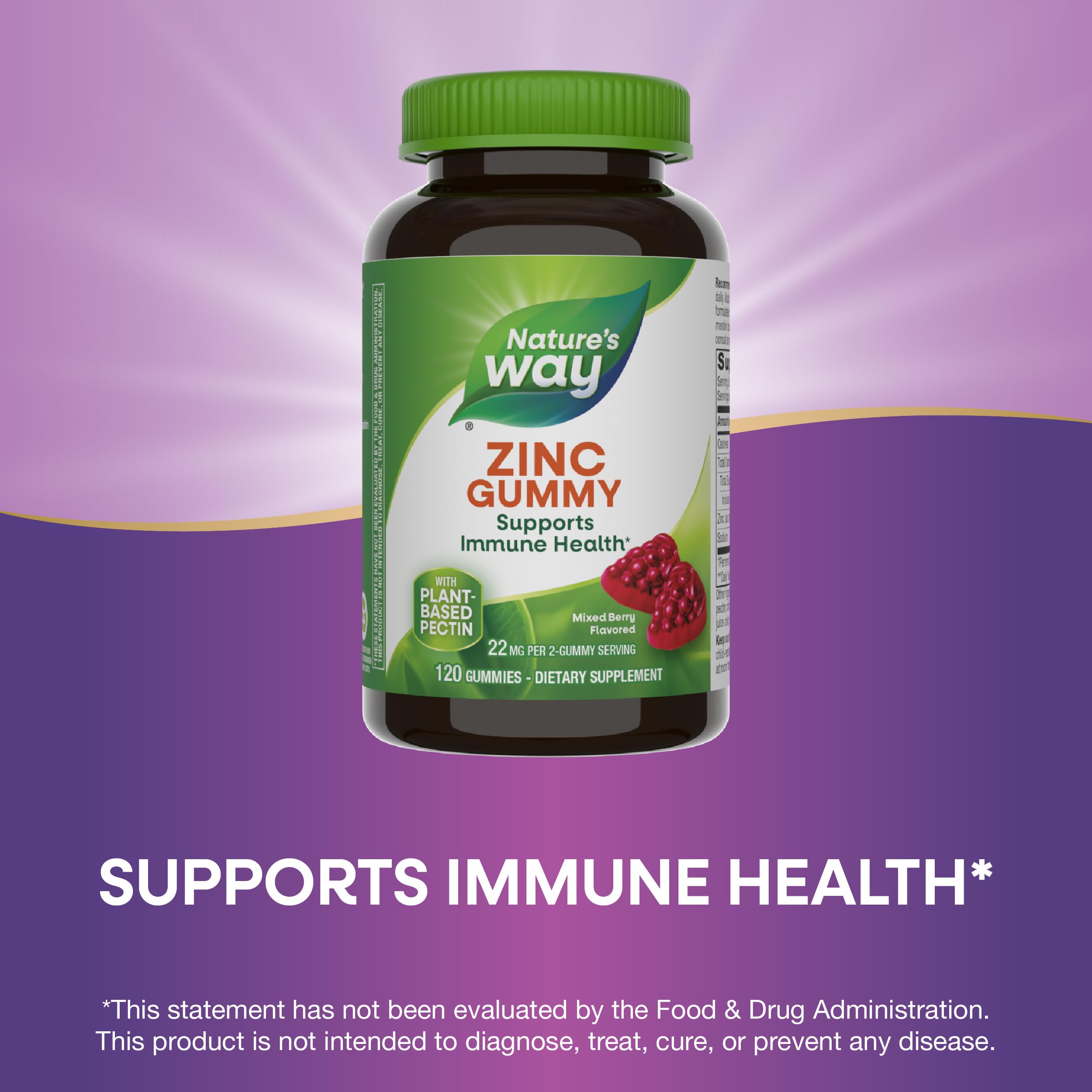 Nature's Way Zinc Gummies, Immune Support Gummy with 100% Daily Value of Zinc per 1-Gummy Serving*, Adults & Kids 9+, Gluten Free, Plant-Based Pectin, Mixed Berry Flavored, 120 Gummies (Set of 2)