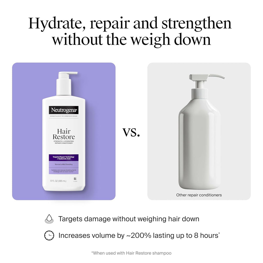 Neutrogena Hair Restore Strength + Hydrating Repair Conditioner, Moisturizing Hair Conditioner with Hyaluronic Acid that Hydrates & Reduces Shedding due to Breakage, Sulfate Free, 13 fl. oz