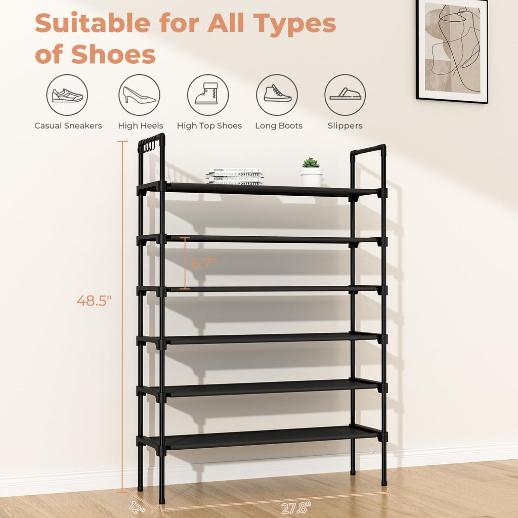 LANTEFUL 3 Tier Shoe Rack for Closet, Shoe Organizer with 5 Hooks, Long Shoe Shelf Storage for Sneaker and Boot Stackable Free Standing Shoe Rack for Entryway, Garage, Small Spaces, Dorm