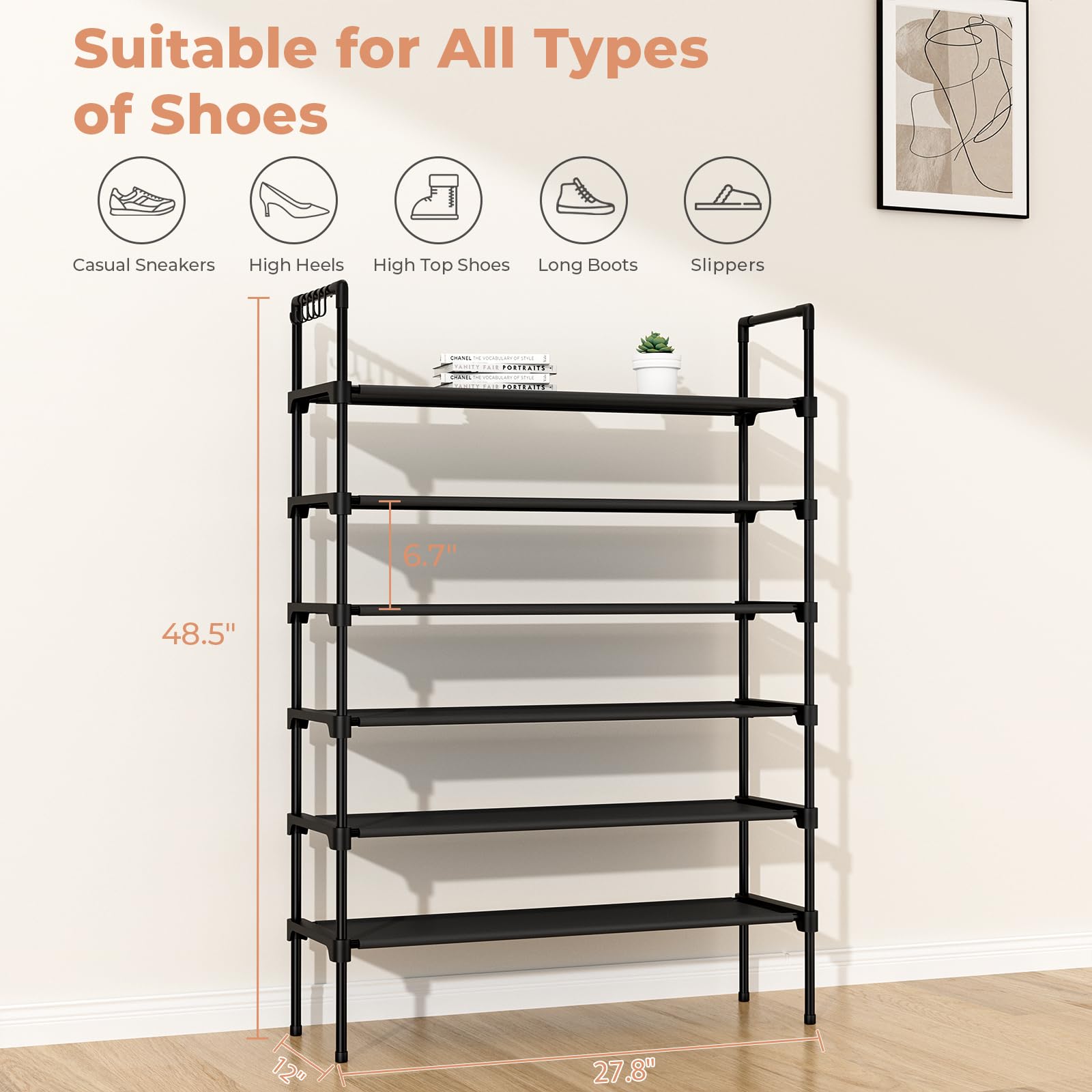 LANTEFUL 3 Tier Shoe Rack for Closet, Shoe Organizer with 5 Hooks, Long Shoe Shelf Storage for Sneaker and Boot Stackable Free Standing Shoe Rack for Entryway, Garage, Small Spaces, Dorm