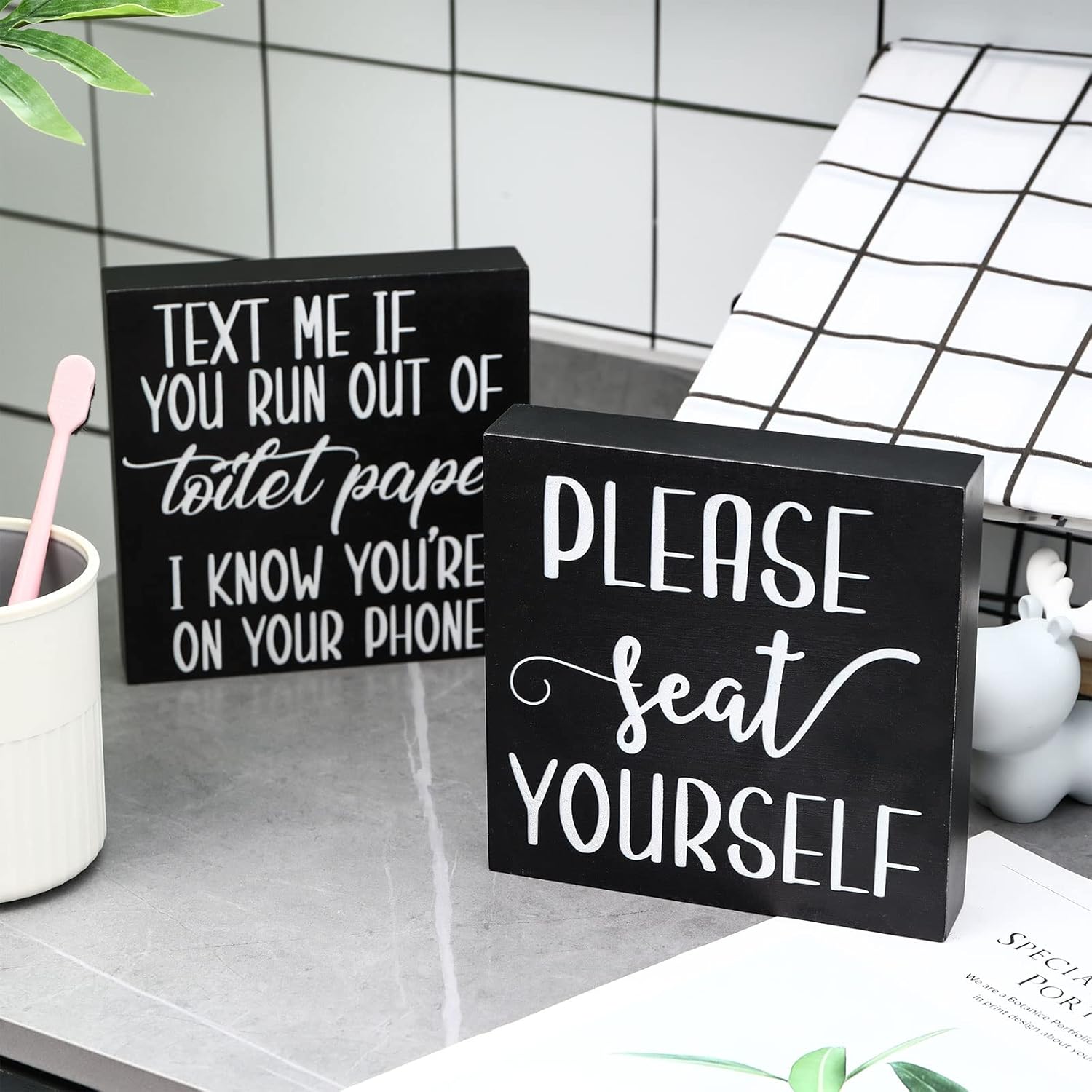 Jetec 2 Pieces Farmhouse Bathroom Signs Decor Wooden Box Sign Funny Bathroom Wall Art Rustic Wood Plaque Please Seat Yourself Decor for Home Restroom(Black)