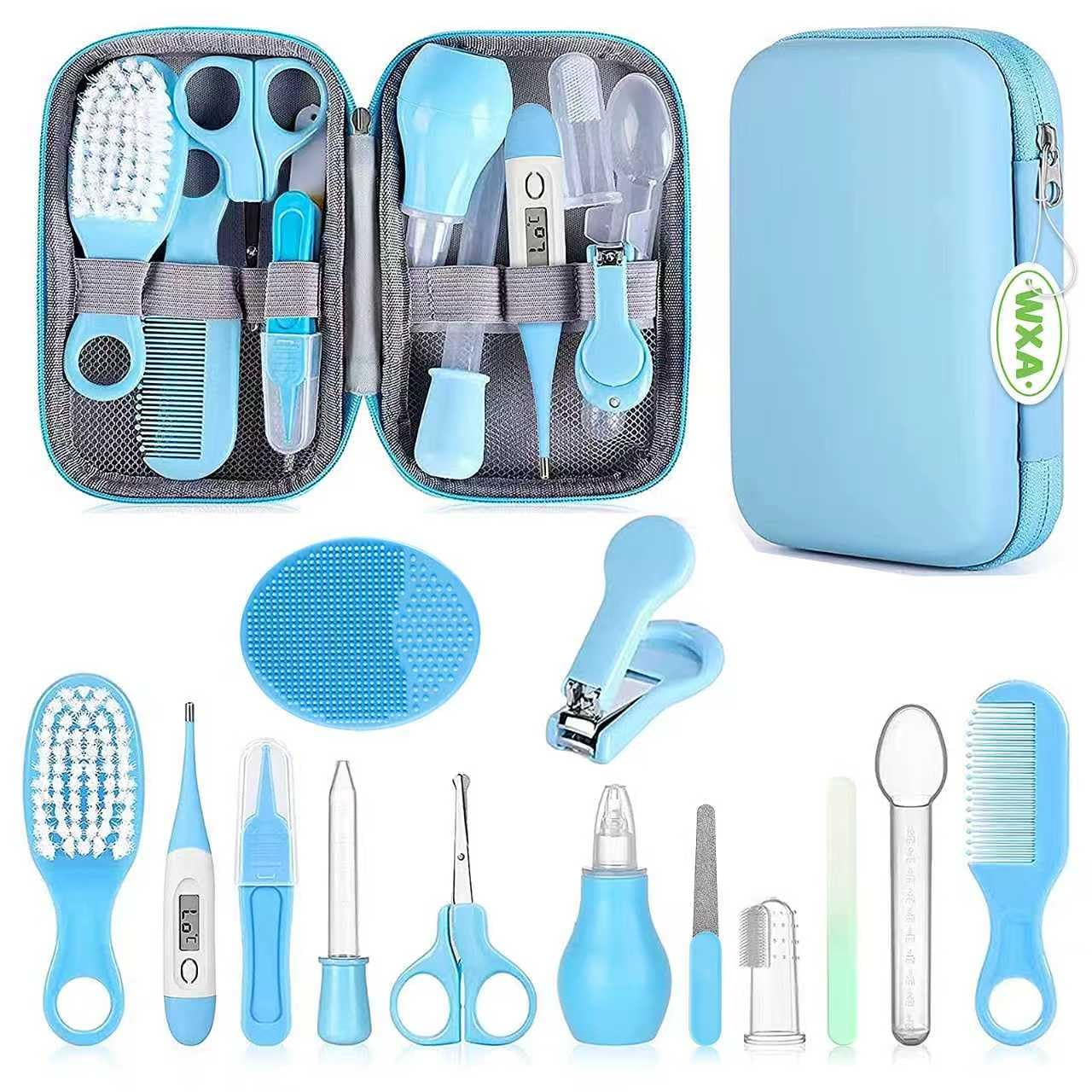 Baby Grooming Kit, Infant Safety Care Set with Hair Brush Comb Nail Clipper Nasal Aspirator,Baby Essentials Kit for Newborn Girls Boys (Grey White)