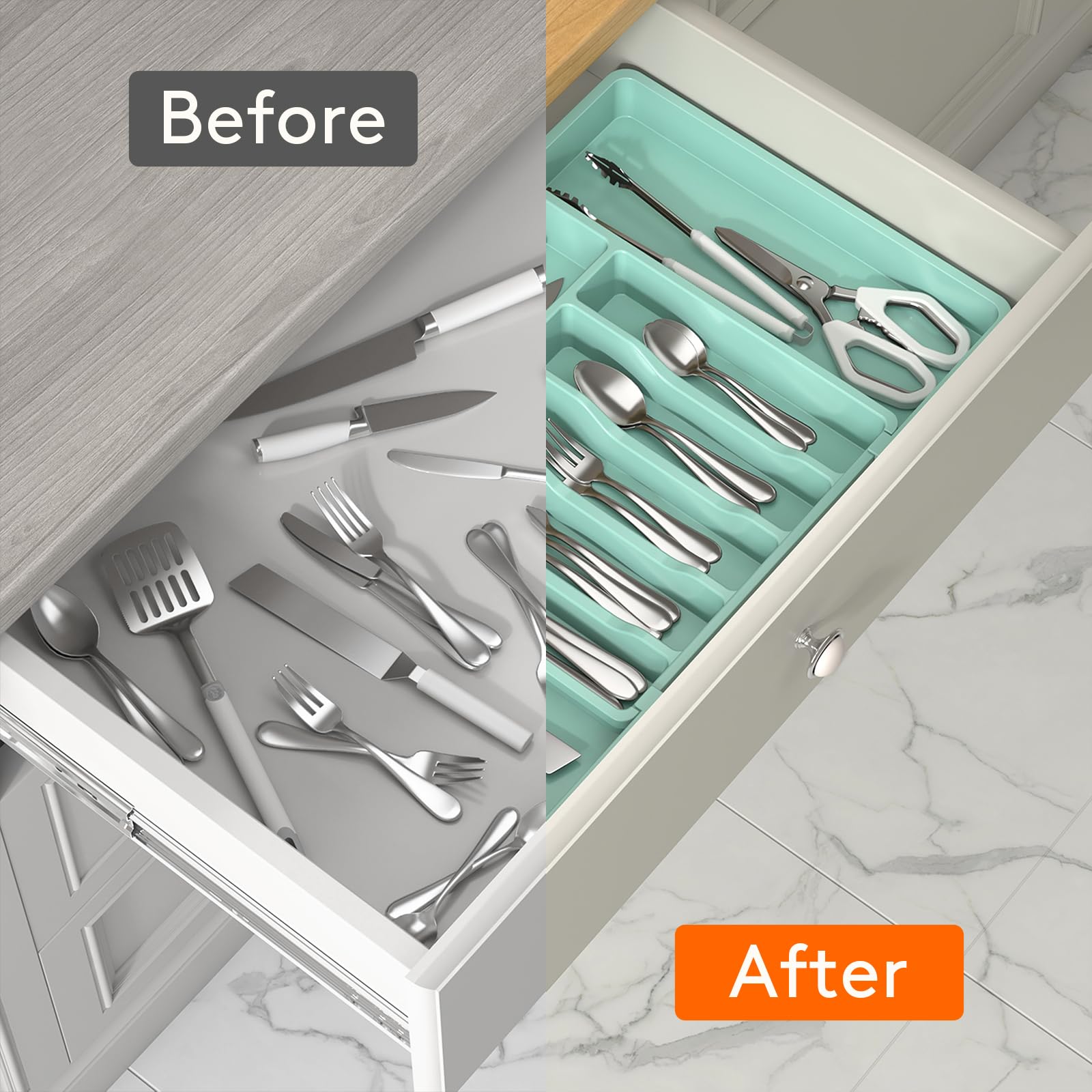 Lifewit Silverware Drawer Organizer, Expandable Utensil Tray for Kitchen, BPA Free Flatware and Cutlery Holder, Adjustable Plastic Storage for Spoons Forks Knives, 8.5"-14.1" x 12.1", Black