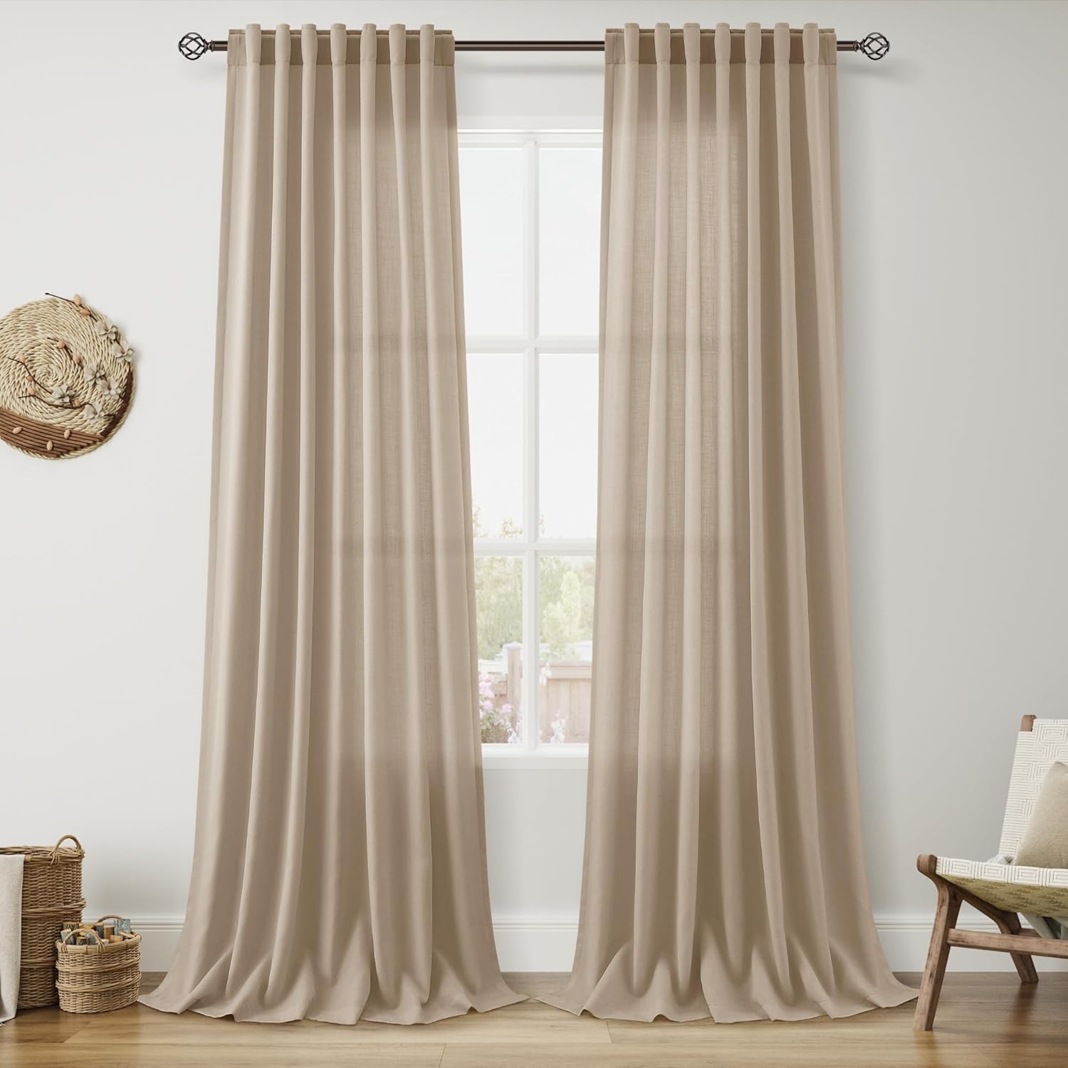 Nanspring Burgundy Linen Curtains 84 Inch Length 2 Panels Set for Living Room Rod Pocket Back Tab Light Filtering Window Drapes for Bedroom Dining Room Protect Privacy Modern Farmhouse Decor 52x84