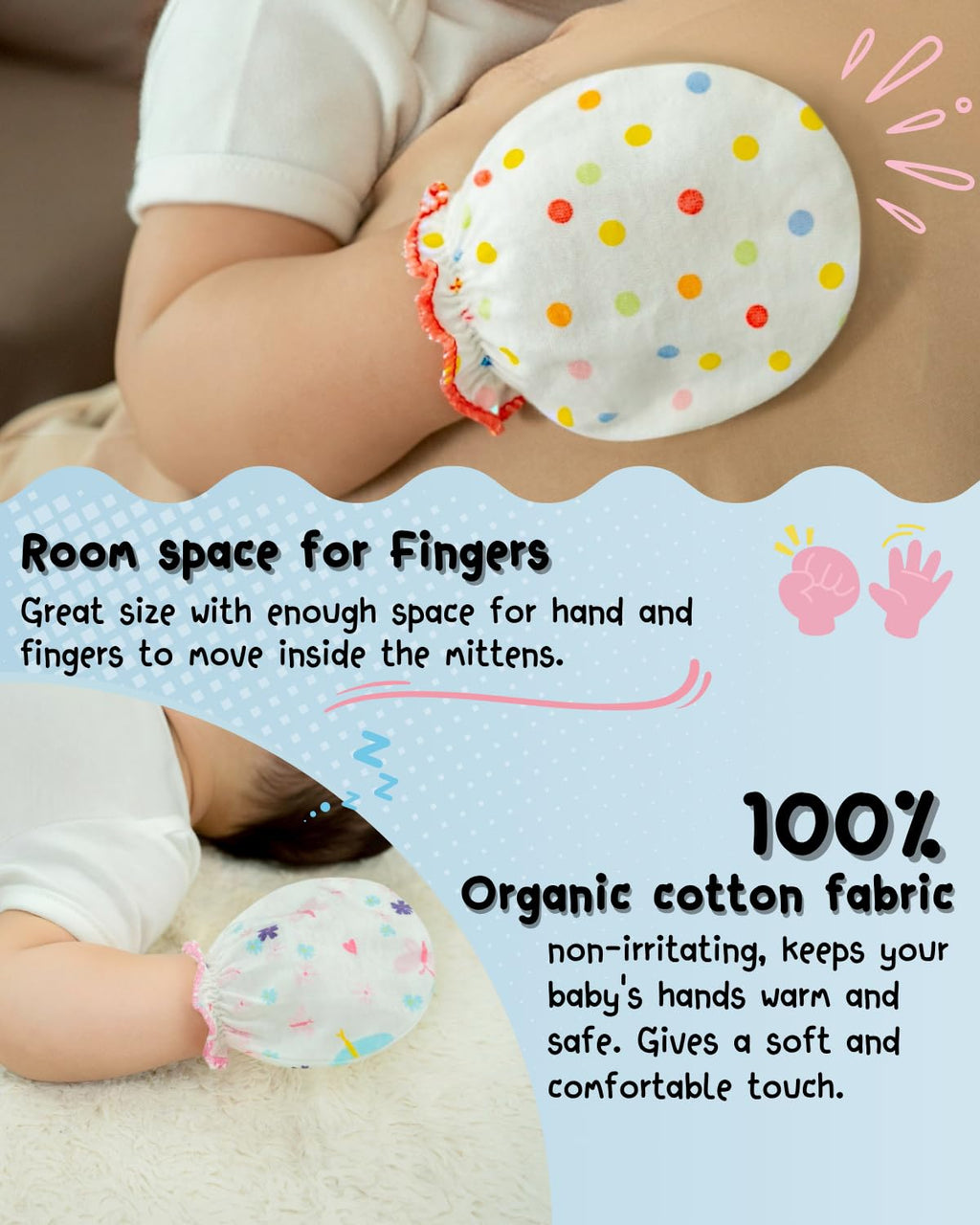 RATIVE Baby Mittens No Scratch Organic Cotton for Newborn 0-6 Months | Baby Essentials Must-Haves for Boys & Girls