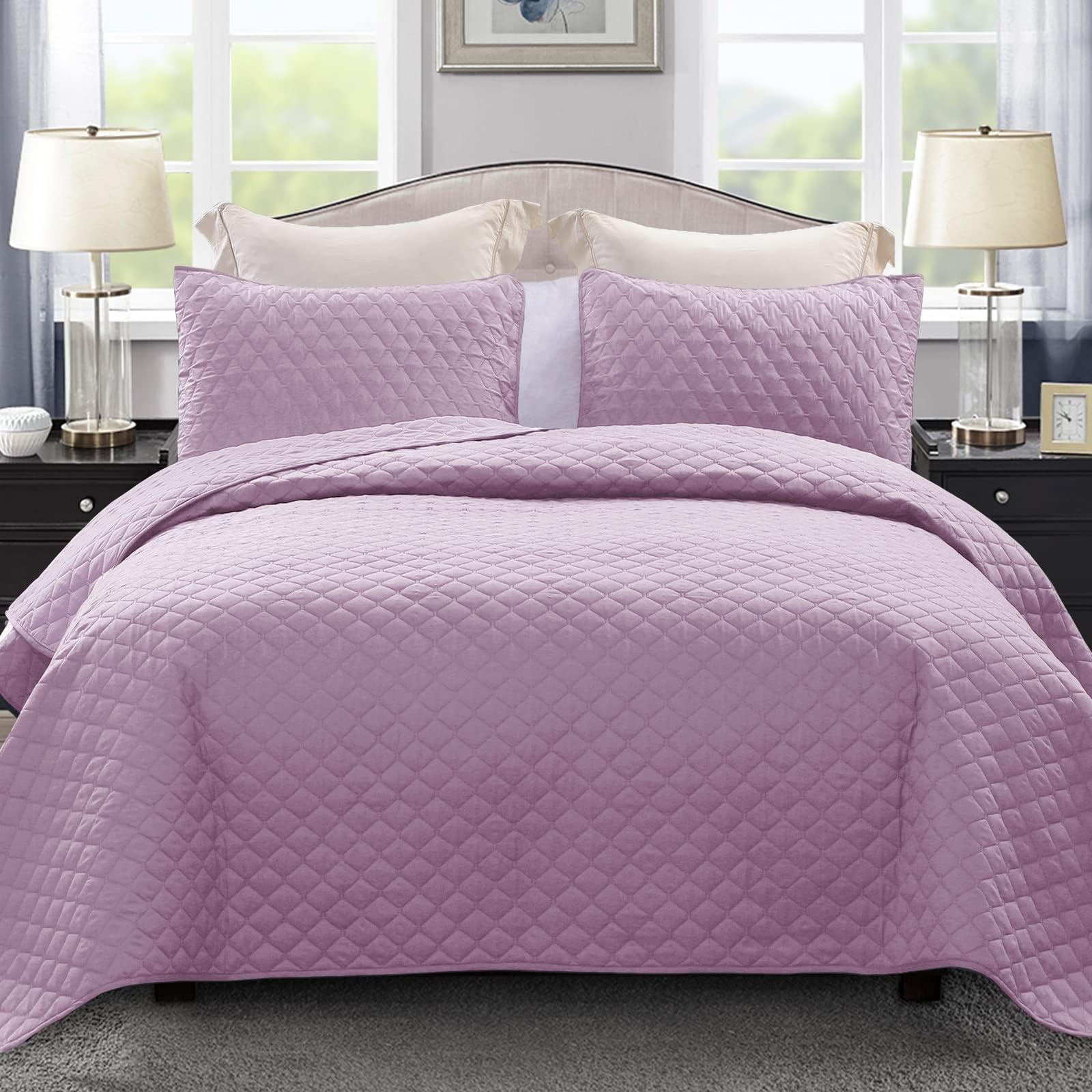 Exclusivo Mezcla Reversible Full Queen Quilt Bedding Set with Pillow Shams, Lightweight Quilts Queen Size, Soft Bedspreads Bed Coverlets for All Seasons - (Lilac Ash, 90"x96")