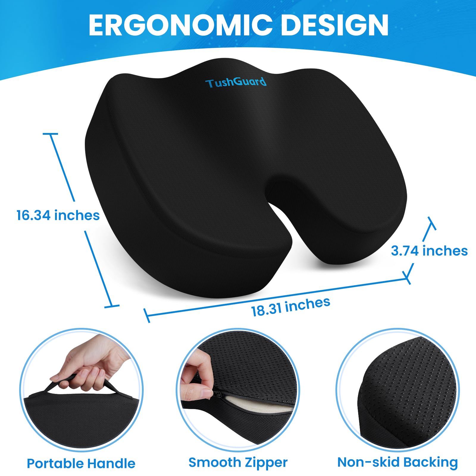 TushGuard Seat Cushion for Office Chair Memory Foam Non-Slip Cushion Back, Relief Chair Pad, Butt Pillow for Office Chair, Car, Computer Desk, Black