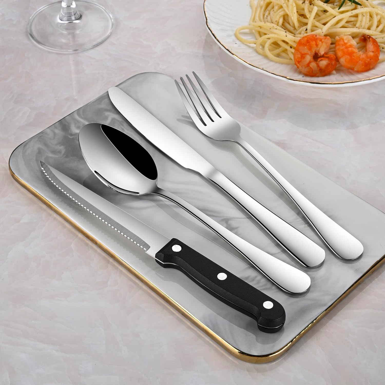 24-Piece Silverware Set with Steak Knives,Flatware Set Service for 4 Person, Food-Grade Stainless Steel Cutlery Set,Includes Knife Spoon And Fork, Mirror Finished Utensil Sets for Home Restaurant