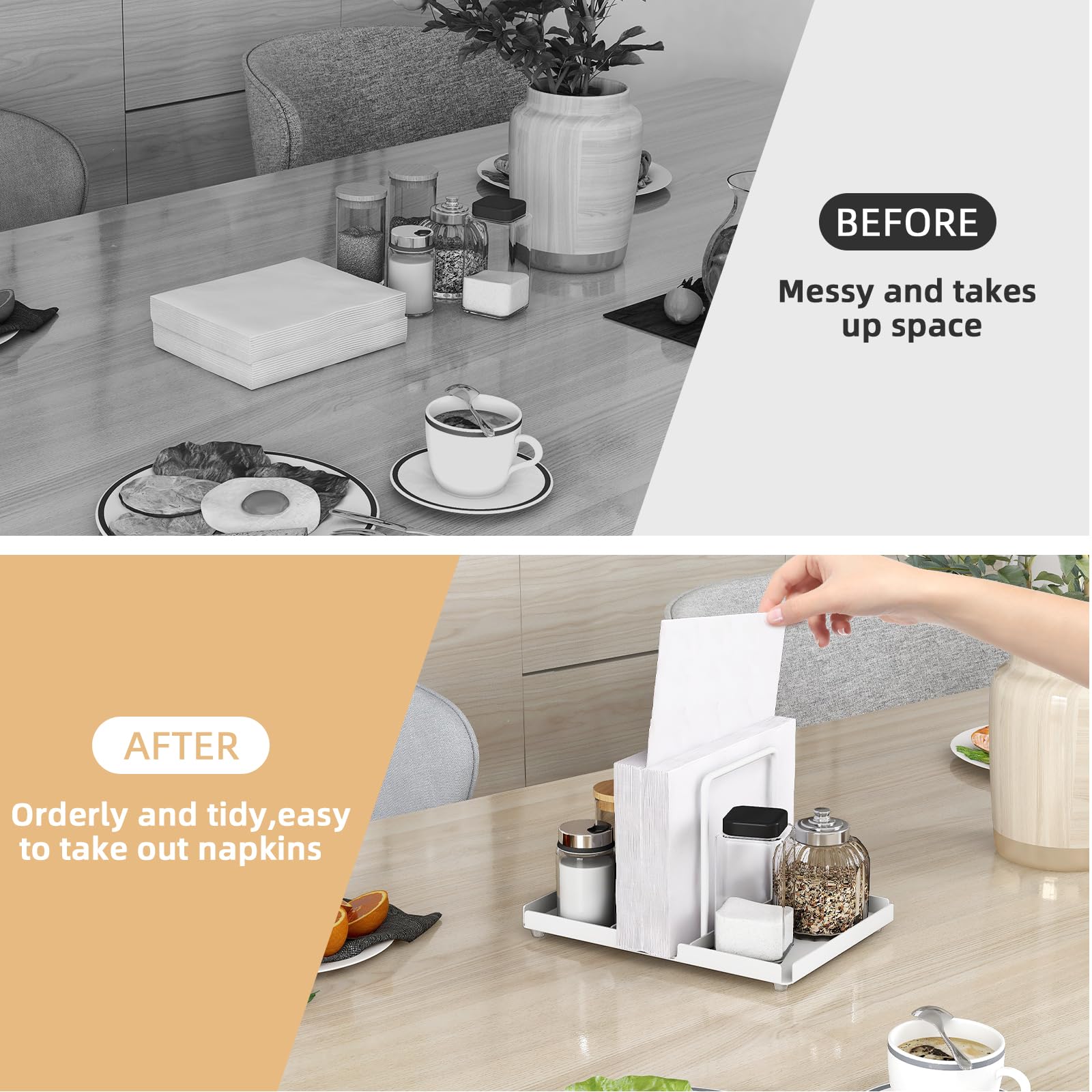 Napkin Holder for Table, Metal Napkin Holder with Salt and Pepper Shakers Caddy, Standing Paper Napkin Storage for Kitchen Dining Table Decor, Black