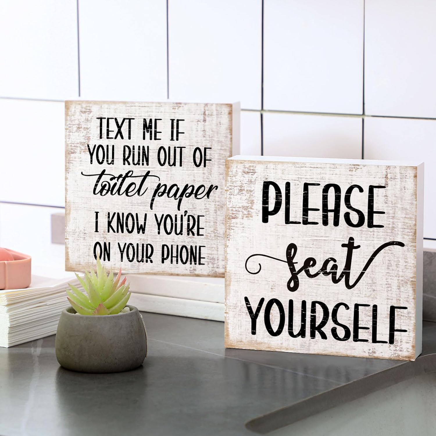 Jetec 2 Pieces Farmhouse Bathroom Signs Decor Wooden Box Sign Funny Bathroom Wall Art Rustic Wood Plaque Please Seat Yourself Decor for Home Restroom(Black)