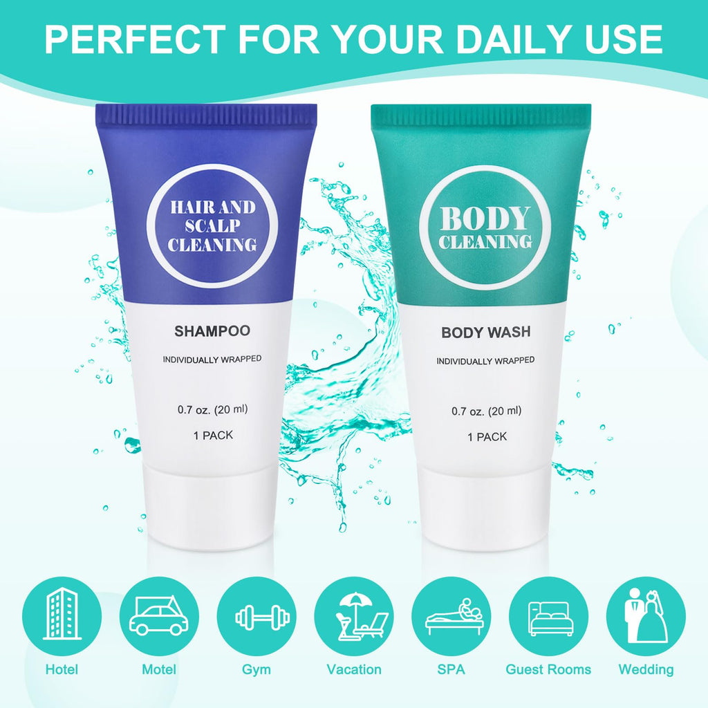 Travel Size Shampoo and Body Wash Set, Small Trial Hair Shampoo Sample Shower Gel Kit Mini Toiletries Amenities Set for Men and Women, Cleansing for Hotel/Vacation/Homeless 0.7 oz/20 ml (100 Pack)